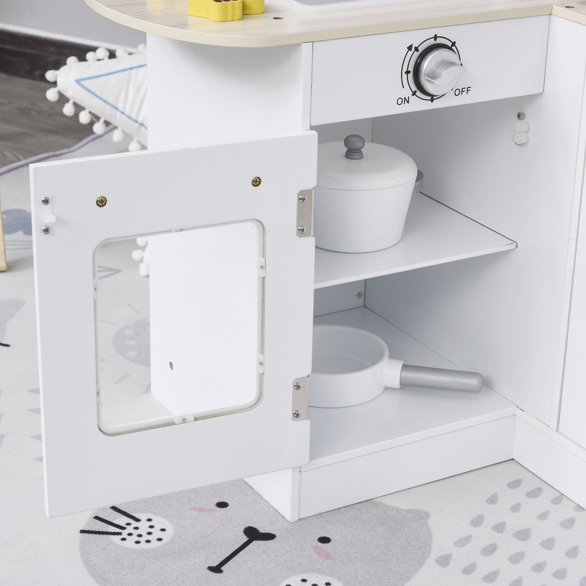 Qaba Corner Kids Kitchen Playset, Wooden Pretend Toy Kitchen Set with Drinking Fountain, Microwave, Fridge and Accessories, Pretend Play Kitchen for 3+ Years, White