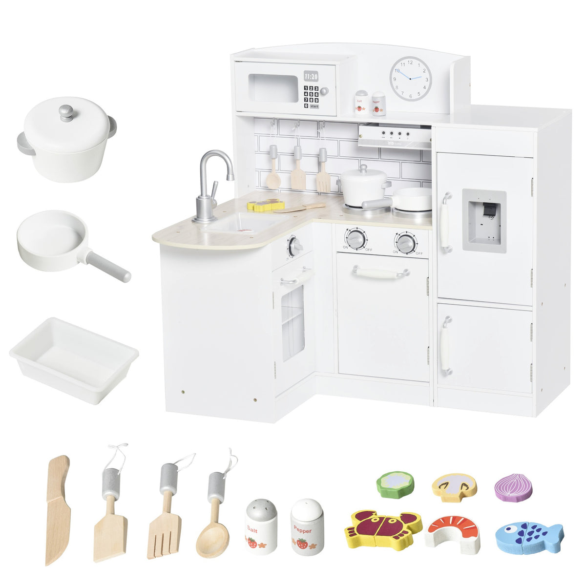 Qaba Corner Kids Kitchen Playset, Wooden Pretend Toy Kitchen Set with Drinking Fountain, Microwave, Fridge and Accessories, Pretend Play Kitchen for 3+ Years, White