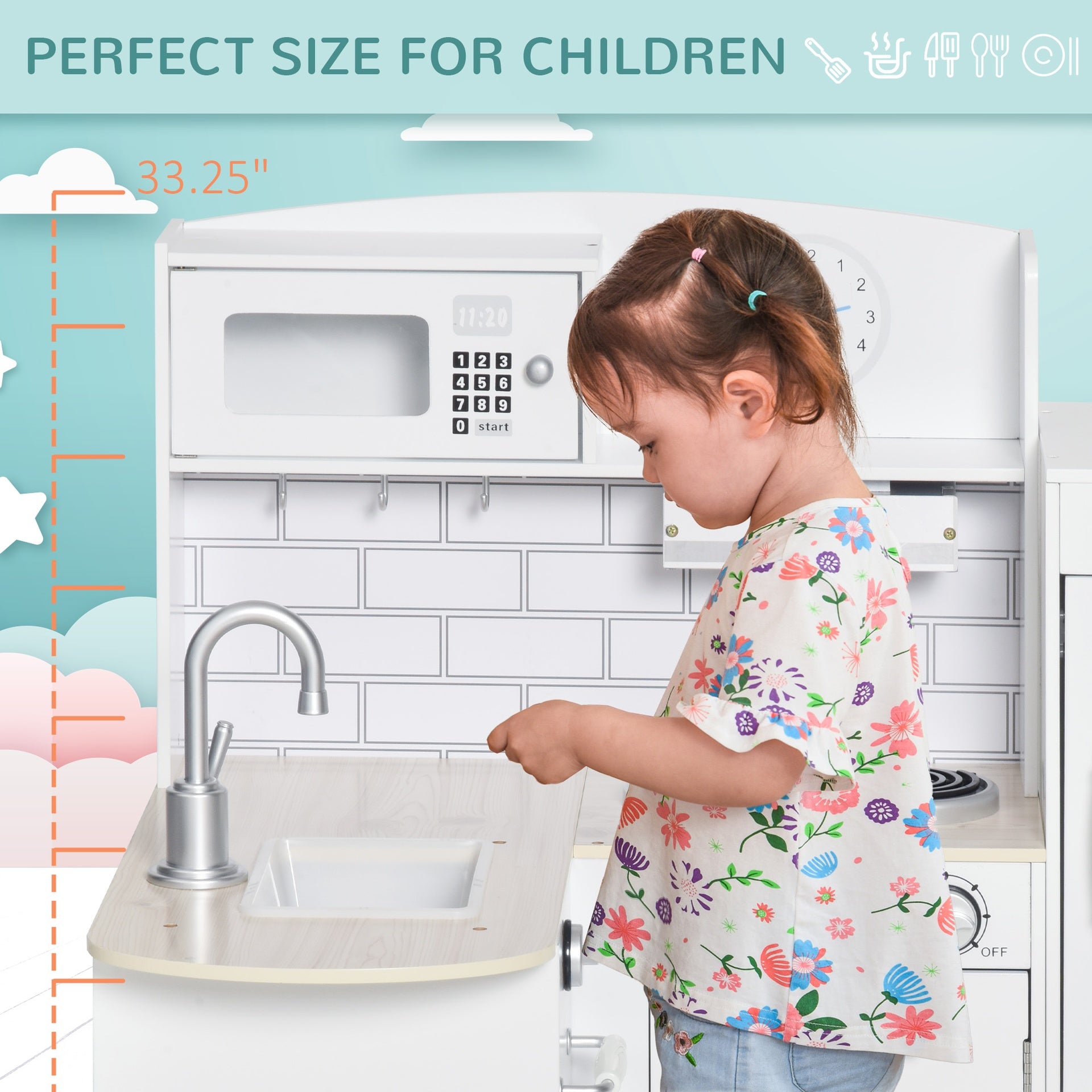 Qaba Corner Kids Kitchen Playset, Wooden Pretend Toy Kitchen Set with Drinking Fountain, Microwave, Fridge and Accessories, Pretend Play Kitchen for 3+ Years, White