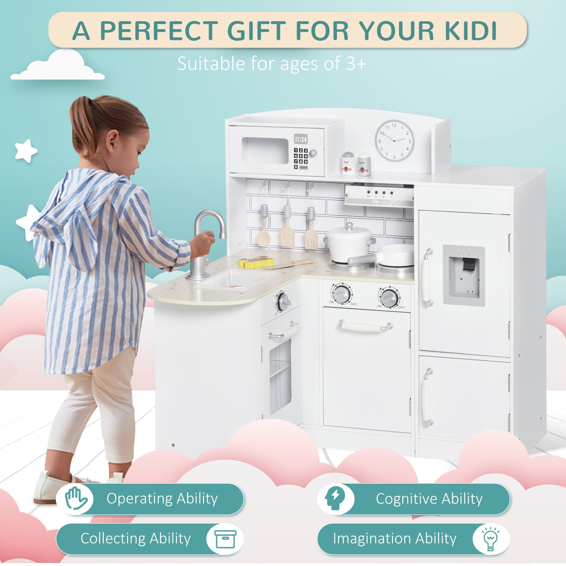 Qaba Corner Kids Kitchen Playset, Wooden Pretend Toy Kitchen Set with Drinking Fountain, Microwave, Fridge and Accessories, Pretend Play Kitchen for 3+ Years, White