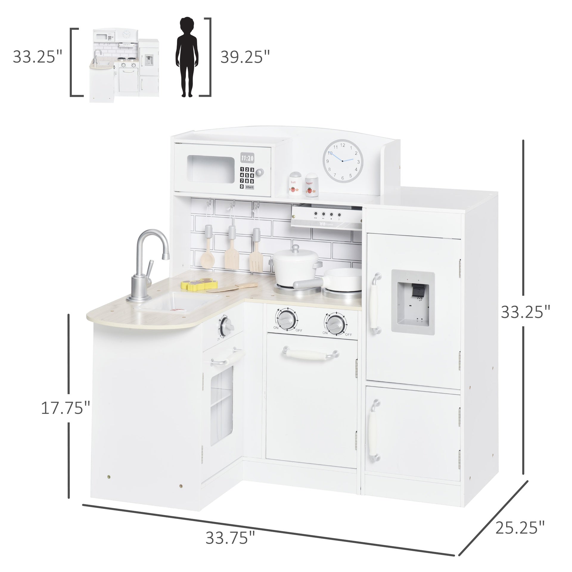 Qaba Corner Kids Kitchen Playset, Wooden Pretend Toy Kitchen Set with Drinking Fountain, Microwave, Fridge and Accessories, Pretend Play Kitchen for 3+ Years, White