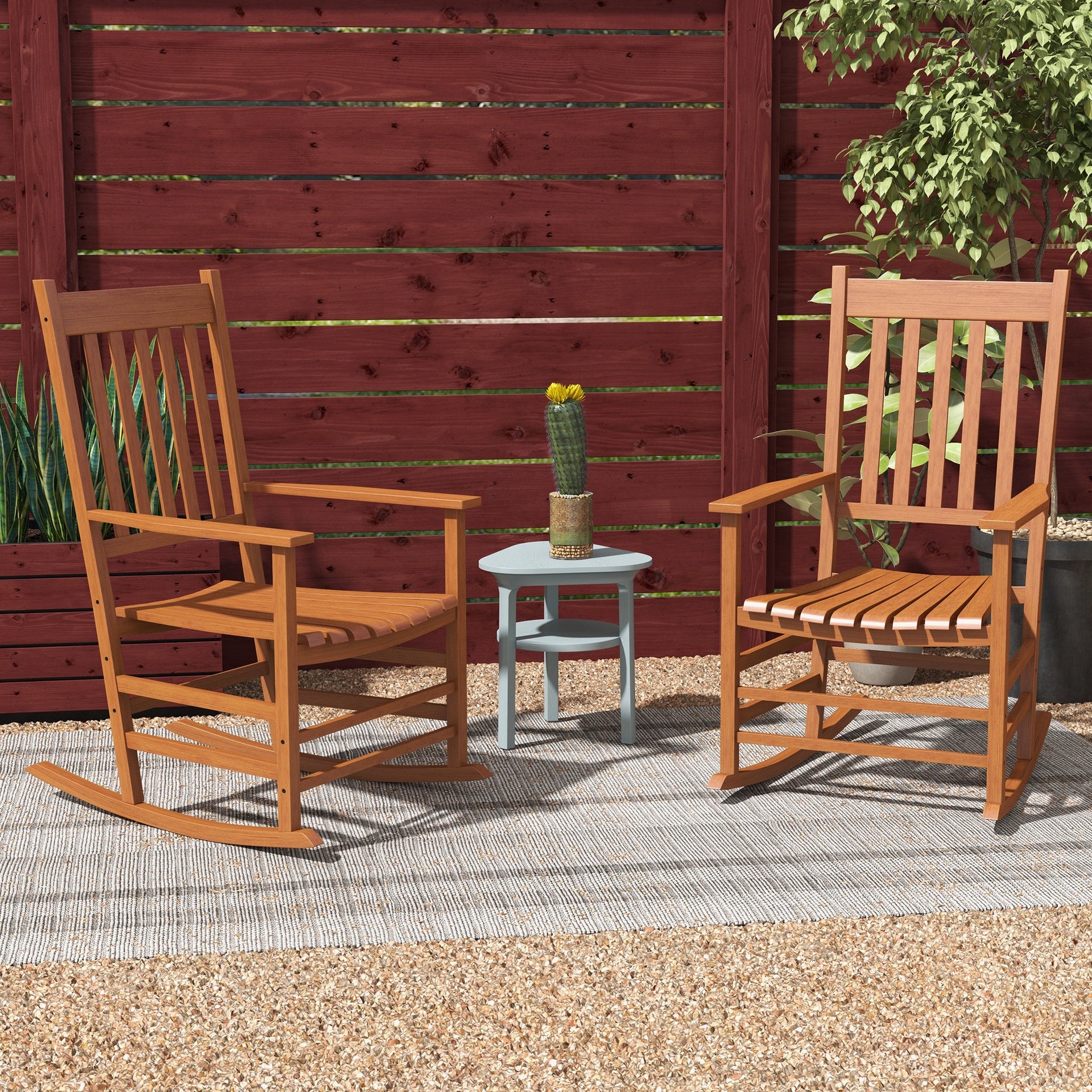 Outsunny Outdoor Rocking Chair Set of 2, Patio Wooden Rocking Chair with Smooth Armrests, High Back for Garden, Balcony, Porch, Supports Up to 352 lbs, Teak