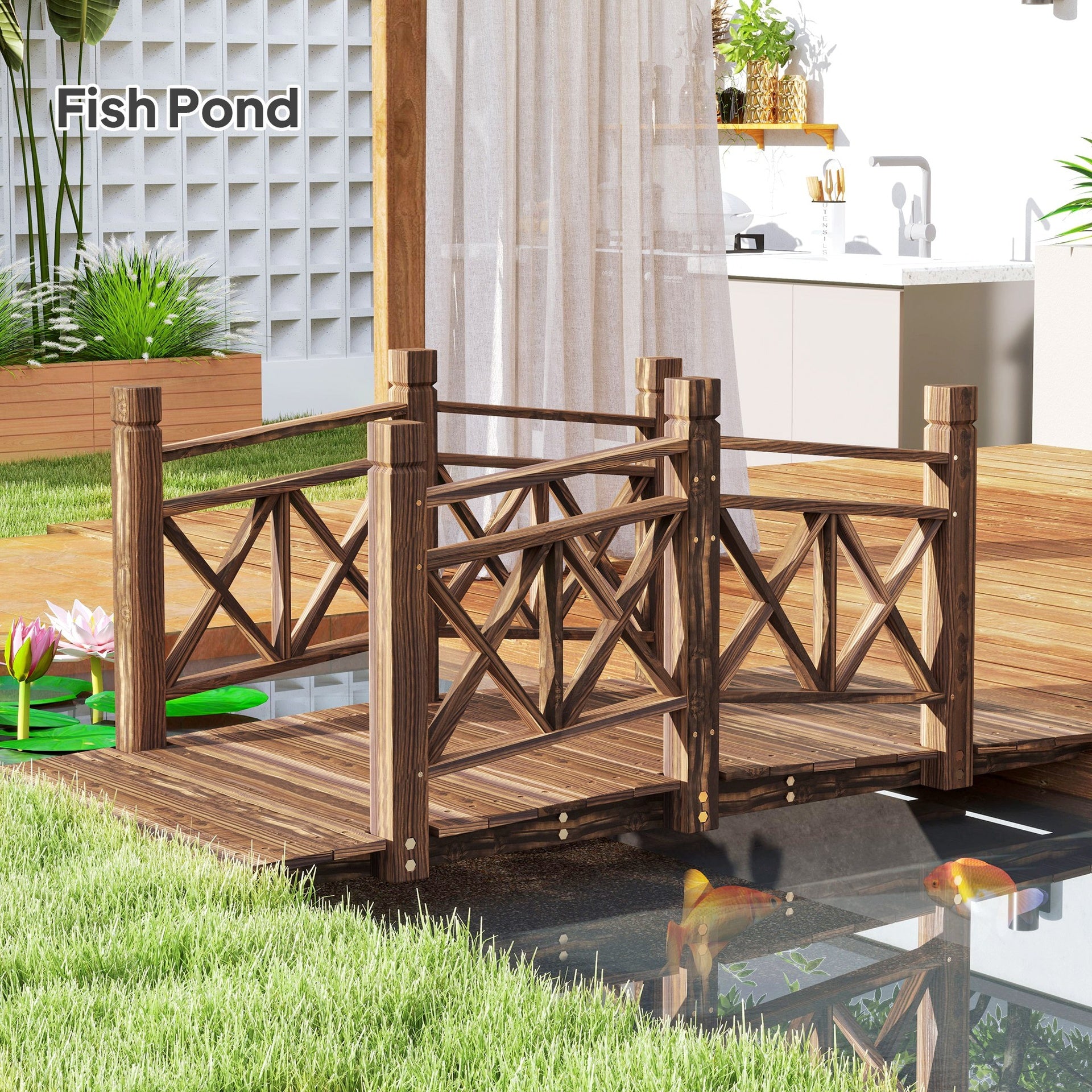 Outsunny 5 ft. Wooden Garden Bridge Footbridge for Backyard Ponds, Creeks, Streams, Carbonized