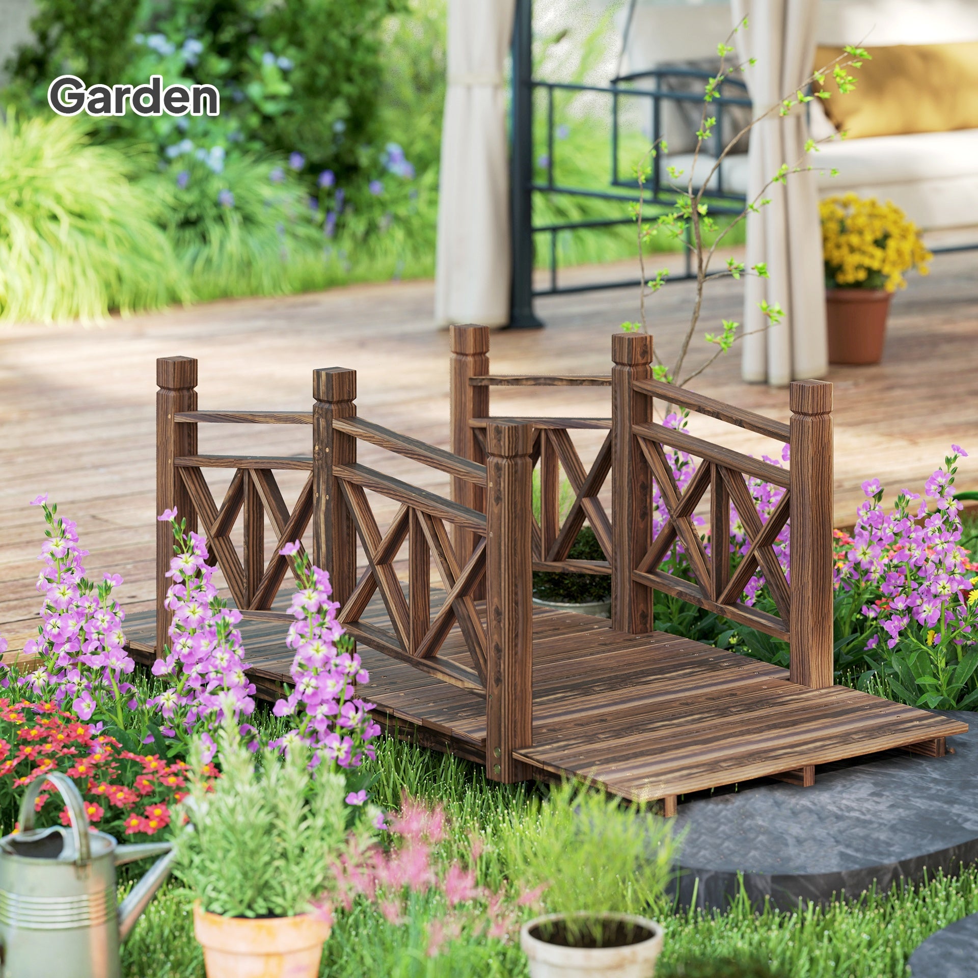 Outsunny 5 ft. Wooden Garden Bridge Footbridge for Backyard Ponds, Creeks, Streams, Carbonized