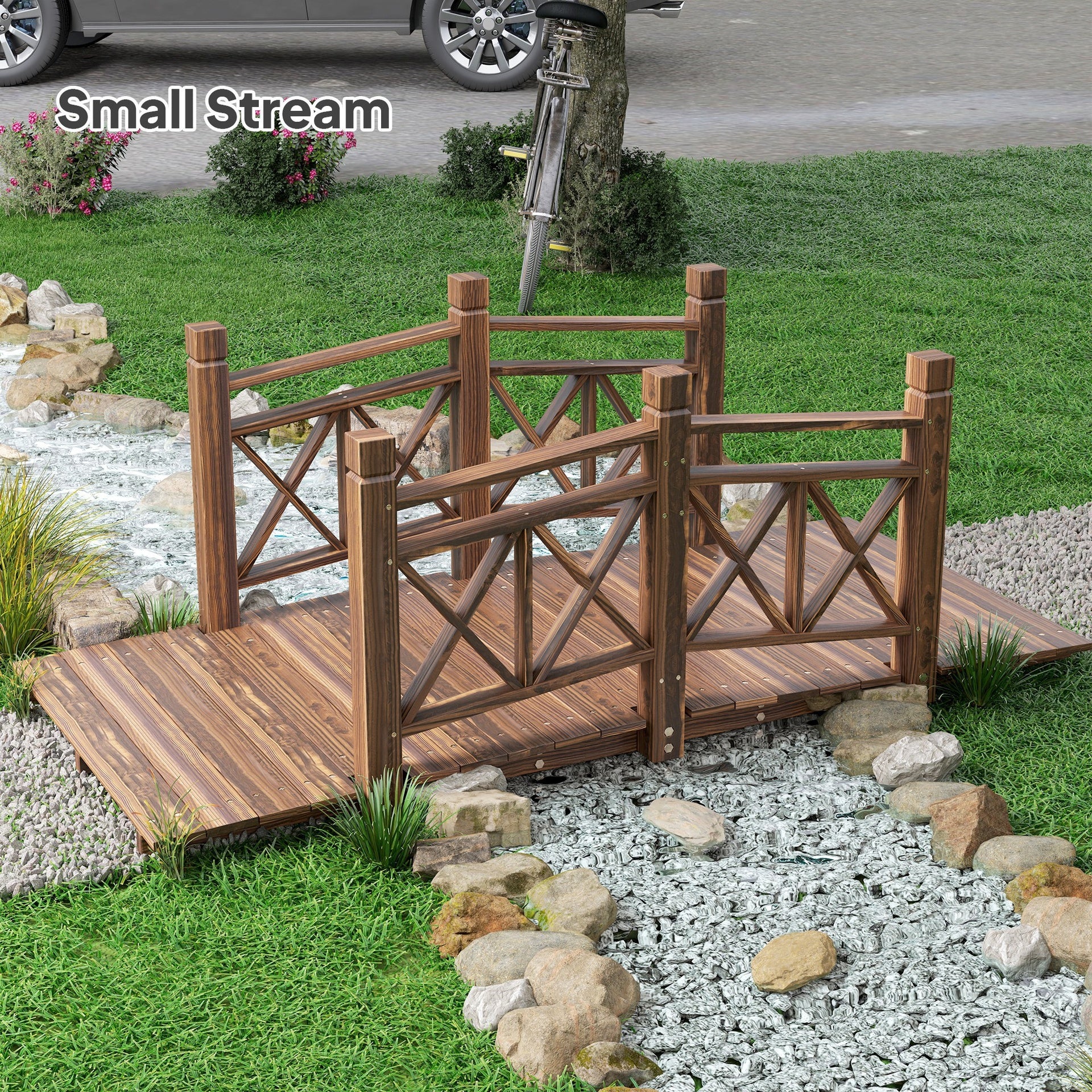 Outsunny 5 ft. Wooden Garden Bridge Footbridge for Backyard Ponds, Creeks, Streams, Carbonized