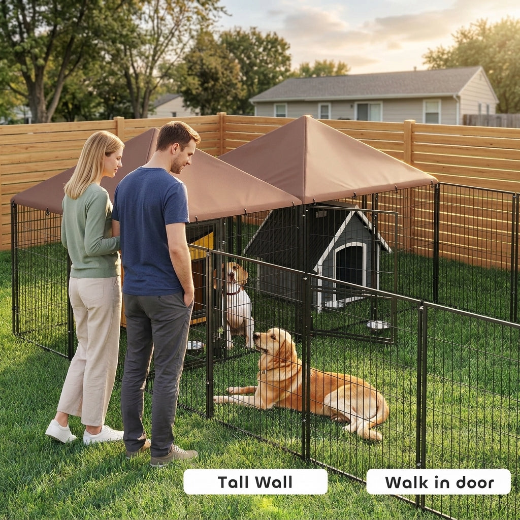 PawHut Large Outdoor Dog Kennel with 2 Rooms, Rotating & Adjustable Height Bowls, 13.5' x 9.4' x 5.1'