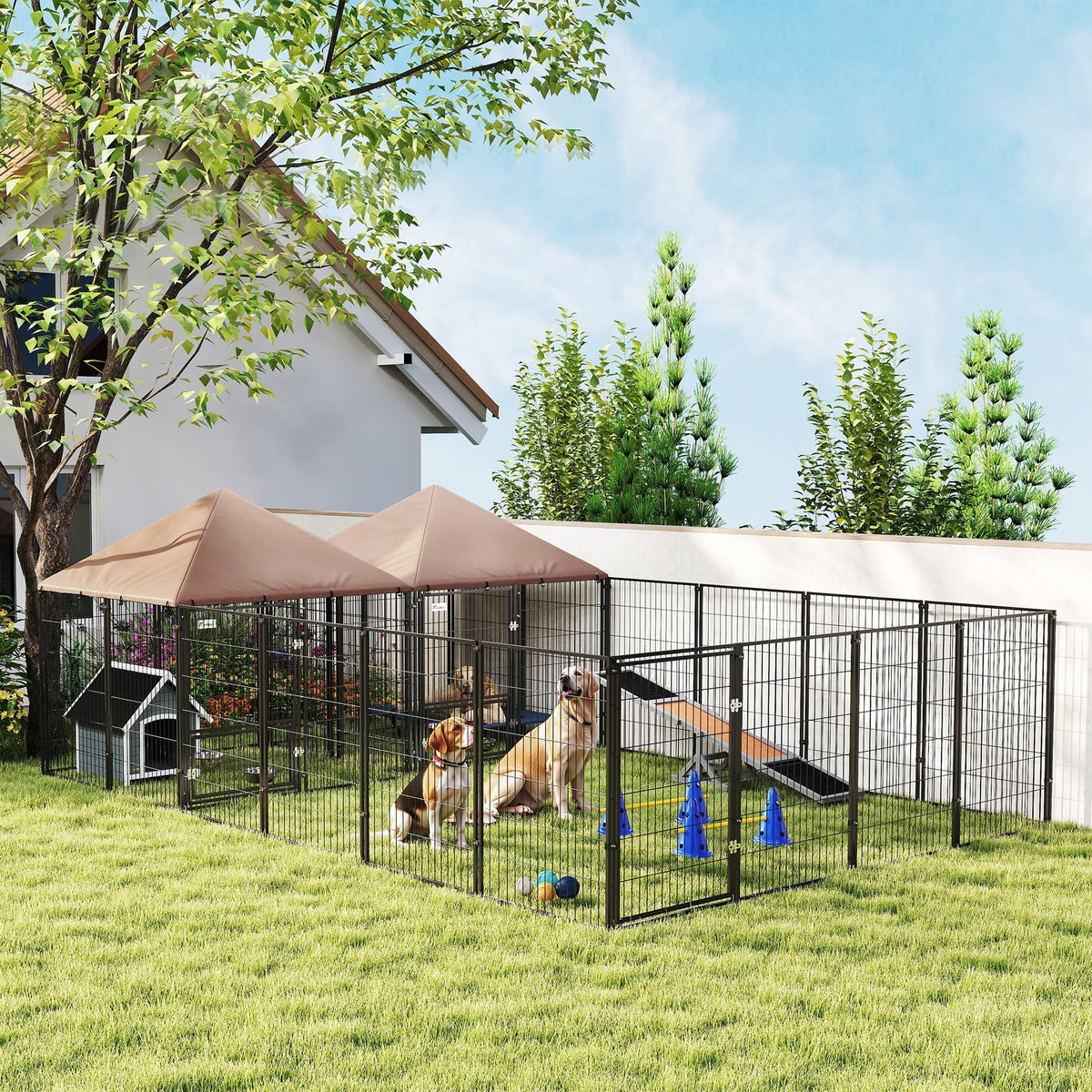 PawHut Large Outdoor Dog Kennel with 2 Rooms, Rotating & Adjustable Height Bowls, 13.5' x 9.4' x 5.1'