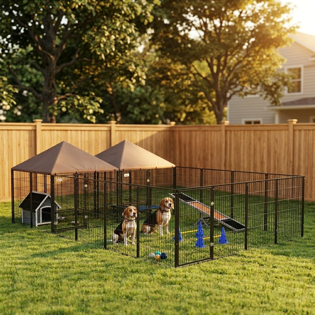 PawHut Large Outdoor Dog Kennel with 2 Rooms, Rotating & Adjustable Height Bowls, 13.5' x 9.4' x 5.1'