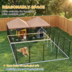 PawHut Large Outdoor Dog Kennel with 2 Rooms, Rotating & Adjustable Height Bowls, 13.5' x 9.4' x 5.1'