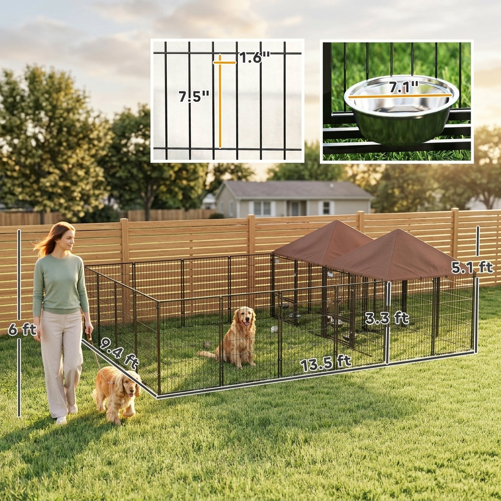 PawHut Large Outdoor Dog Kennel with 2 Rooms, Rotating & Adjustable Height Bowls, 13.5' x 9.4' x 5.1'