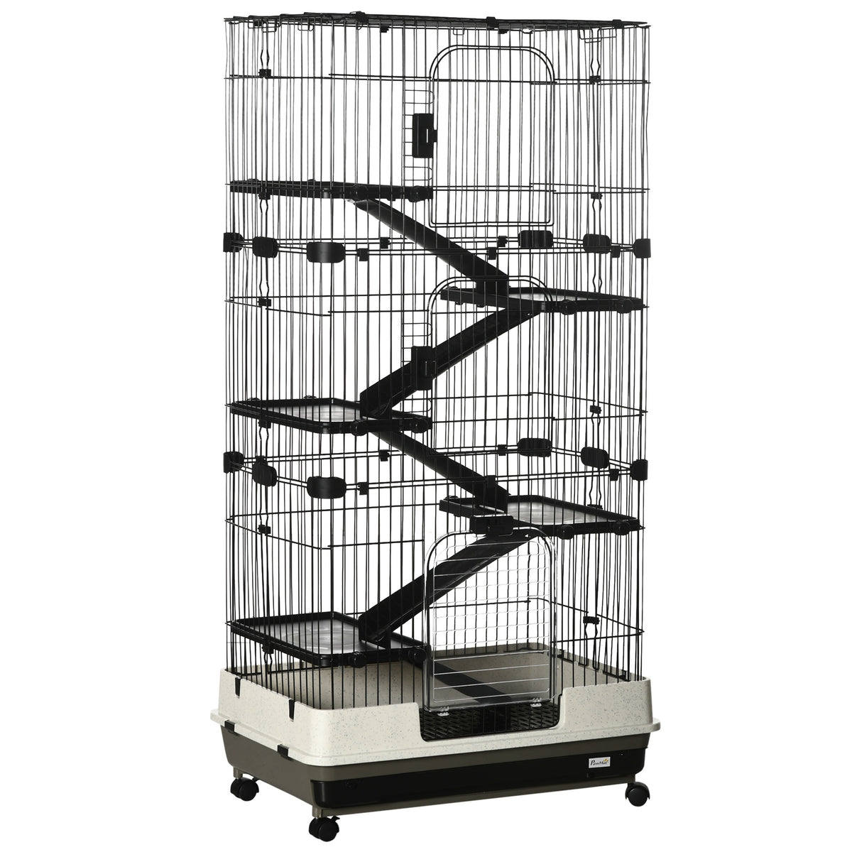 PawHut 32"L 6-Level Small Animal Cage Rabbit Hutch with Universal Lockable Wheels, Slide-out Tray for Bunny, Chinchillas, Ferret, Black