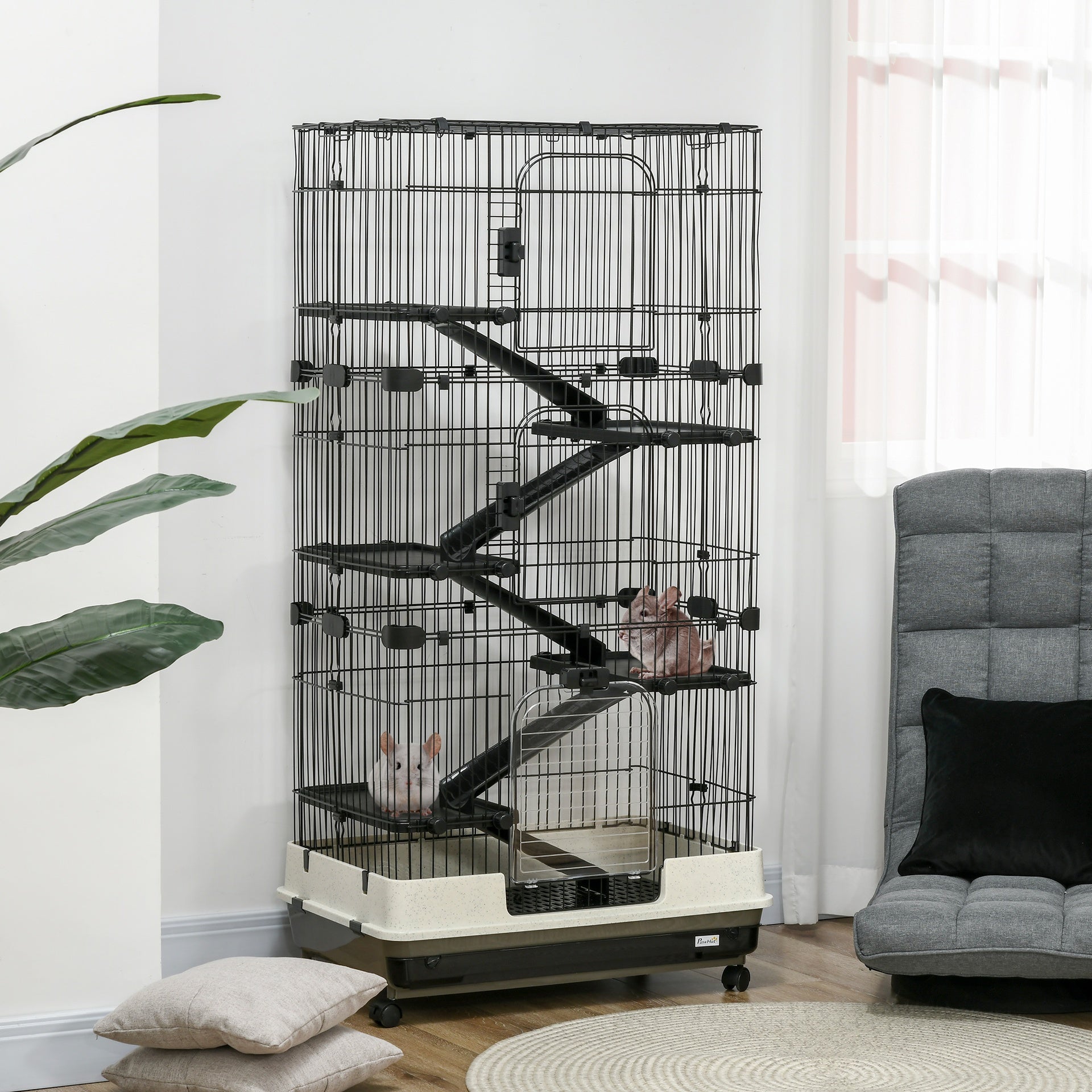 PawHut 32"L 6-Level Small Animal Cage Rabbit Hutch with Universal Lockable Wheels, Slide-out Tray for Bunny, Chinchillas, Ferret, Black