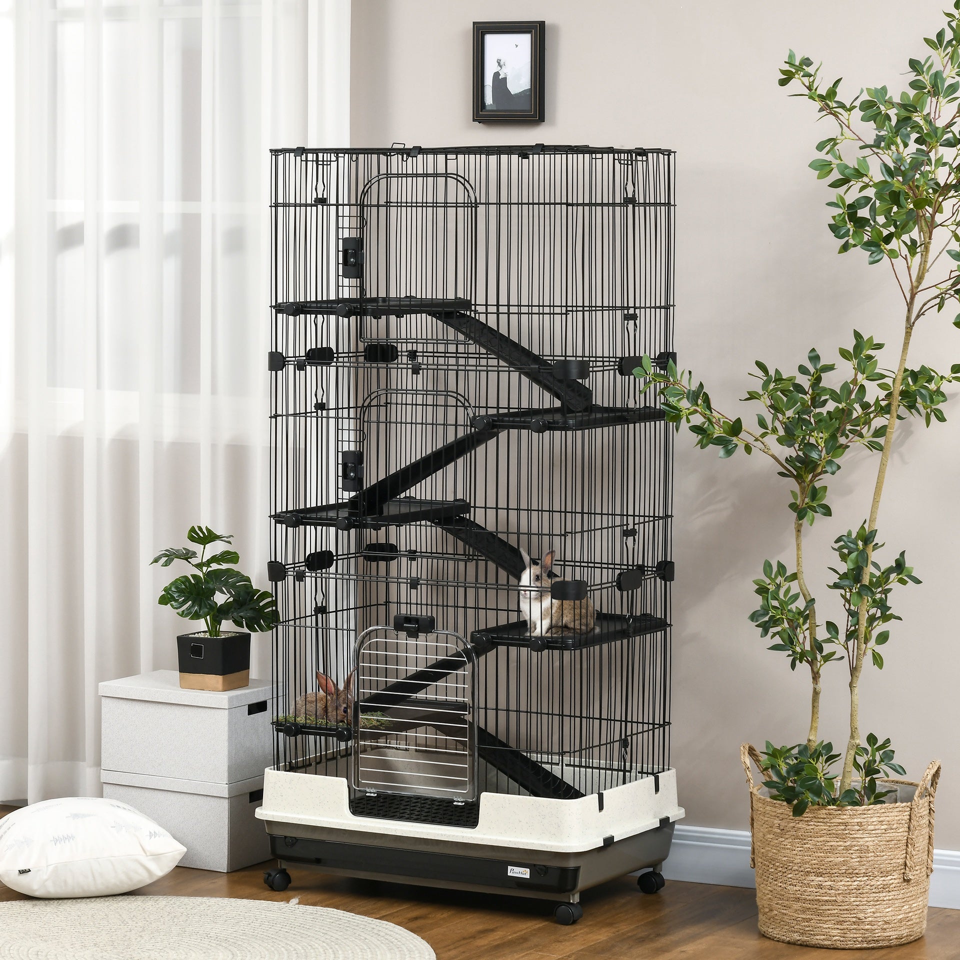 PawHut 32"L 6-Level Small Animal Cage Rabbit Hutch with Universal Lockable Wheels, Slide-out Tray for Bunny, Chinchillas, Ferret, Black