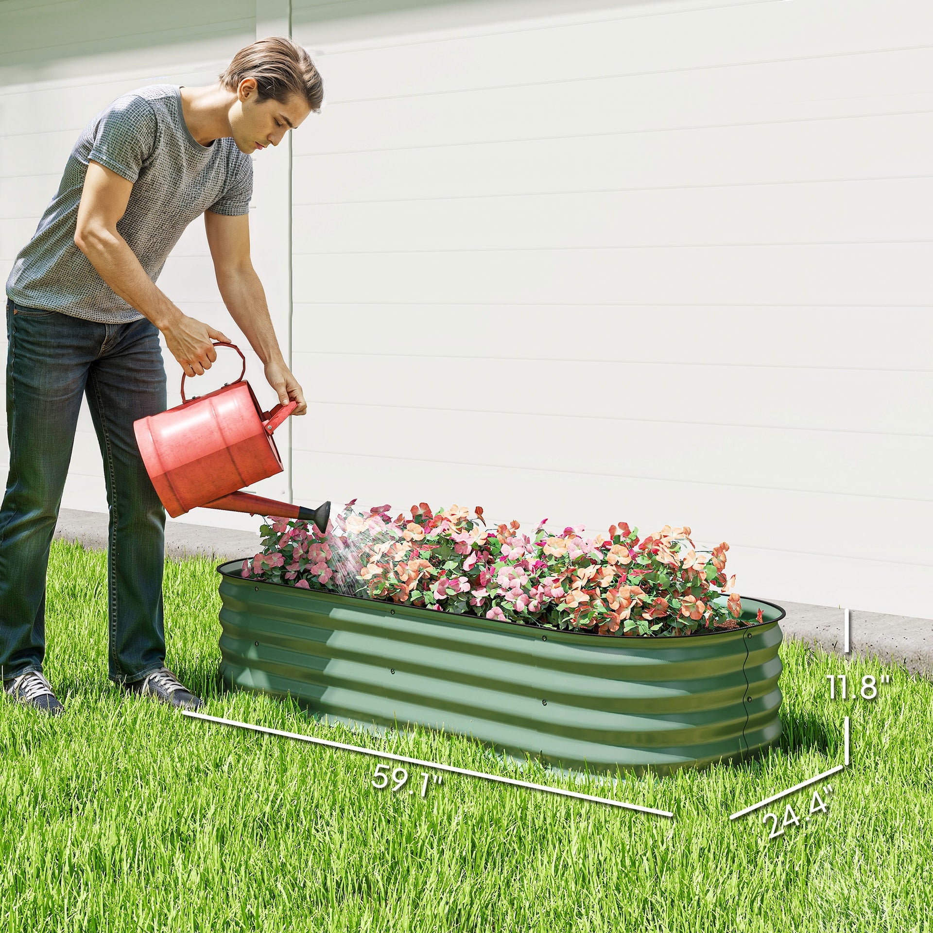 Outsunny 4.9' x 2' x 1' Galvanized Raised Garden Bed Kit, Metal Planter Box with Safety Edging, Green