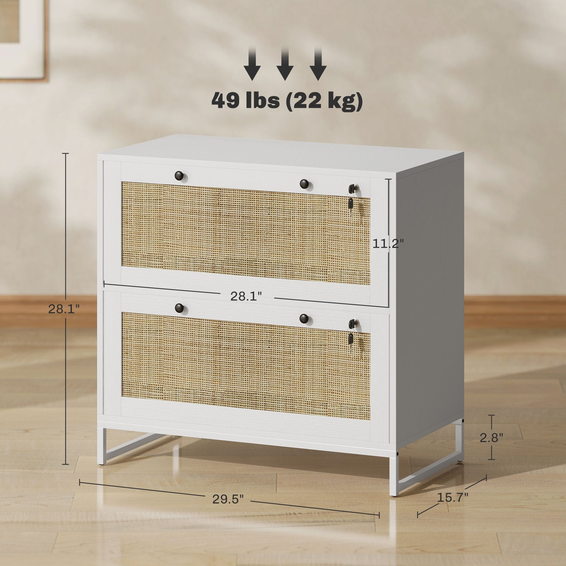 Vinsetto Lockable Filing Cabinet, Boho 2 Drawer File Cabinet with Adjustable Hanging Bar for Letter, A4 and Legal Size, White