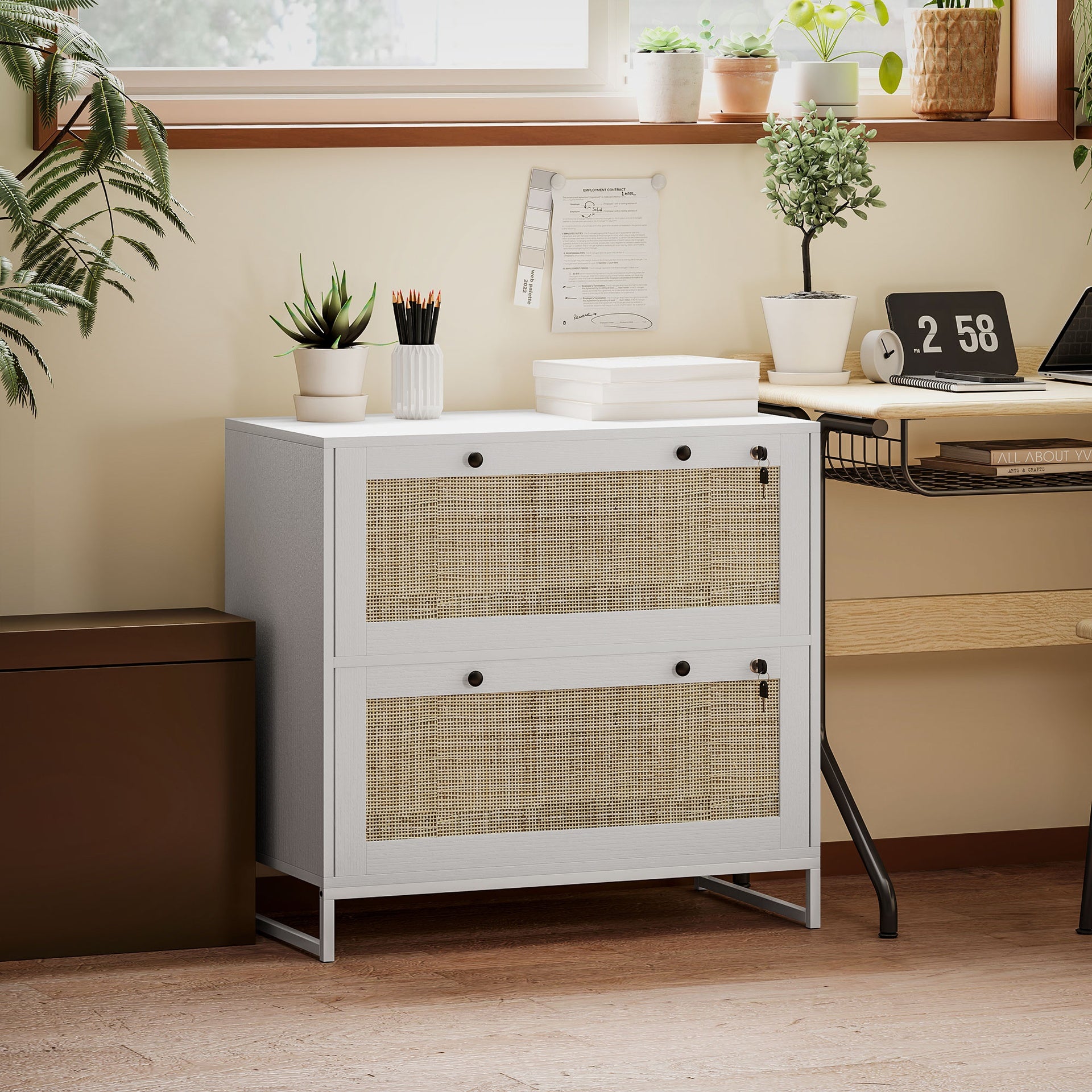 Vinsetto Lockable Filing Cabinet, Boho 2 Drawer File Cabinet with Adjustable Hanging Bar for Letter, A4 and Legal Size, White