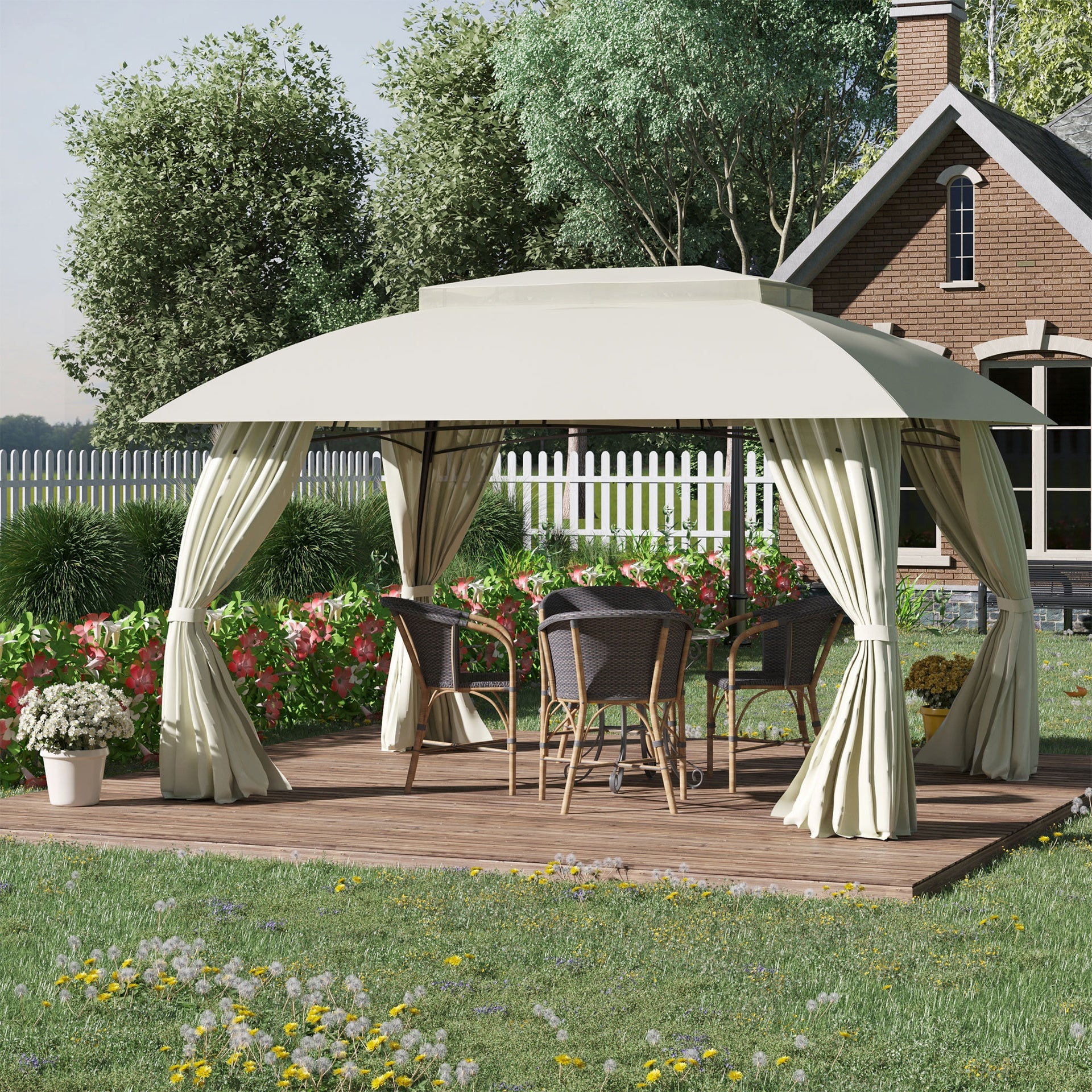 Outsunny 10' x 13' Outdoor Gazebo Patio Gazebo Canopy, Double Vented Roof, Steel Frame, Curtain Sidewalls, Sun Shade Shelter for Garden, Lawn, Backyard, Deck, Beige