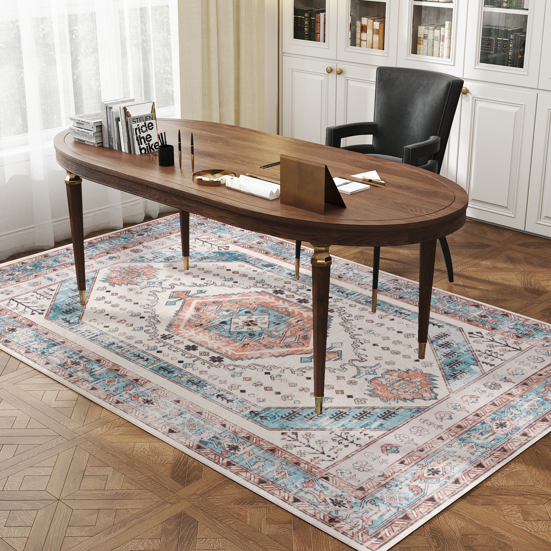 HOMCOM 5x7 Area Rug, Vintage Machine Washable Rug, Non-Slip Floor Carpet for Living Room, Bedroom, Dining Room, Brown and Blue