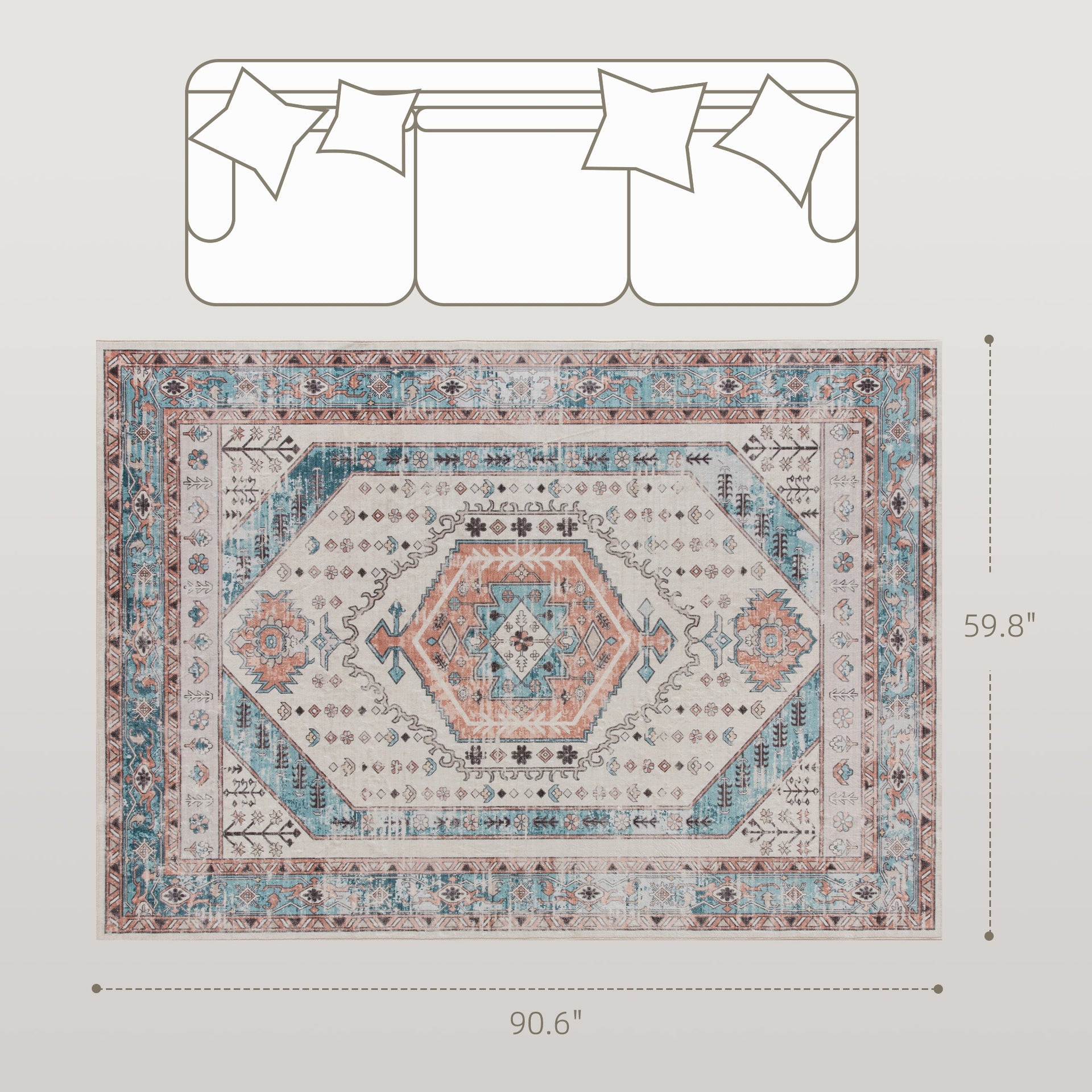 HOMCOM 5x7 Area Rug, Vintage Machine Washable Rug, Non-Slip Floor Carpet for Living Room, Bedroom, Dining Room, Brown and Blue