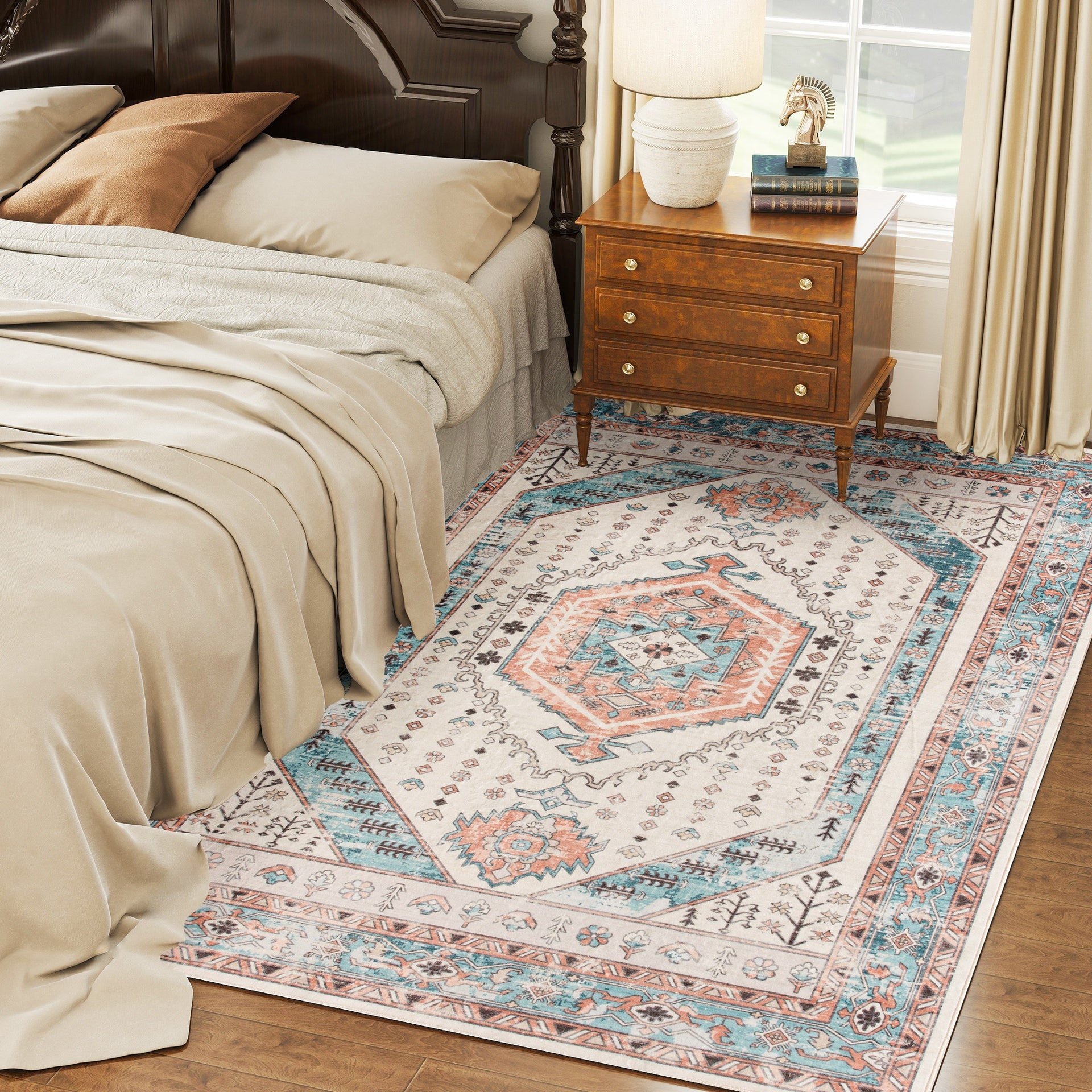 HOMCOM 5x7 Area Rug, Vintage Machine Washable Rug, Non-Slip Floor Carpet for Living Room, Bedroom, Dining Room, Brown and Blue
