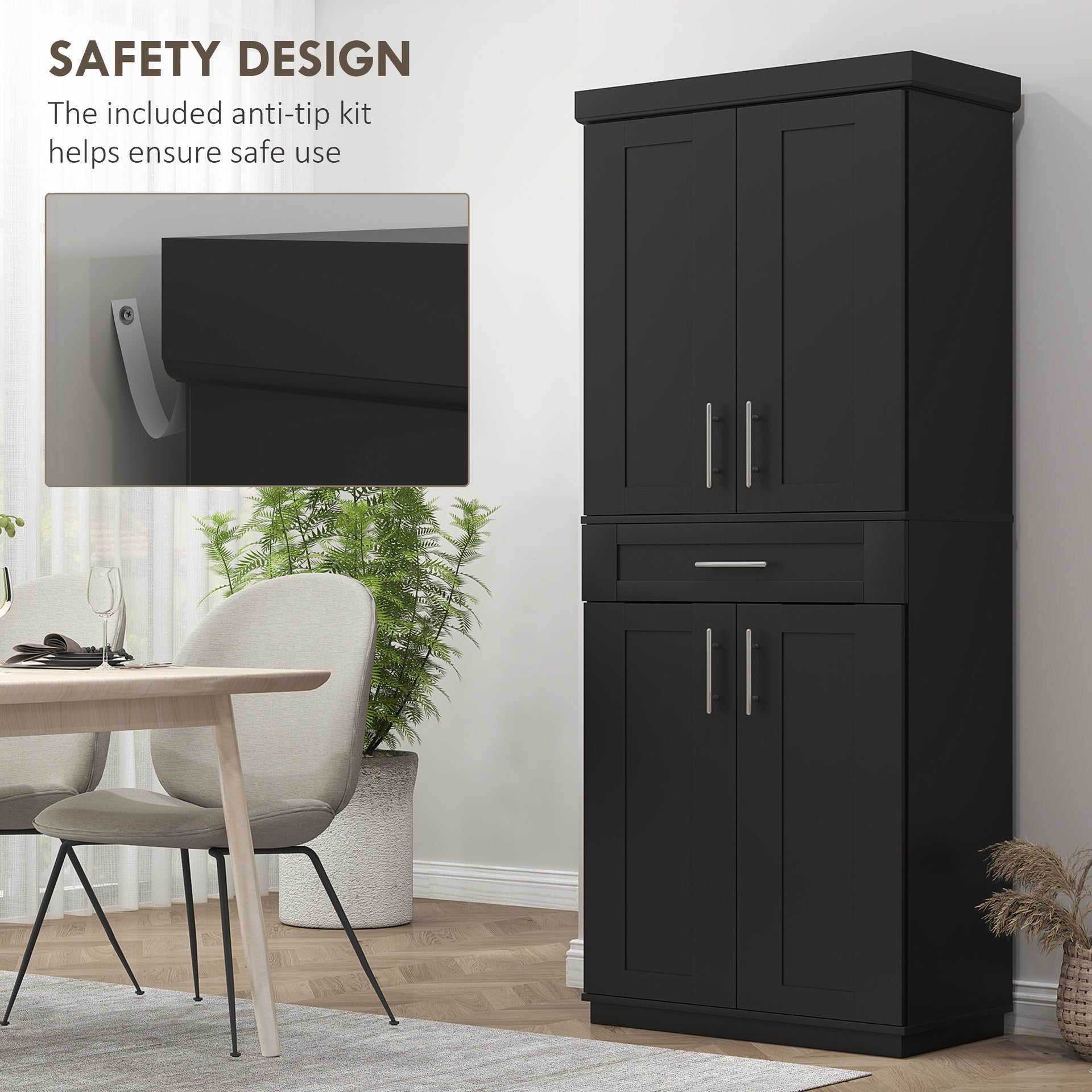 HOMCOM Modern Kitchen Pantry Freestanding Cabinet Cupboard with Doors and Drawer, Adjustable Shelving, Black