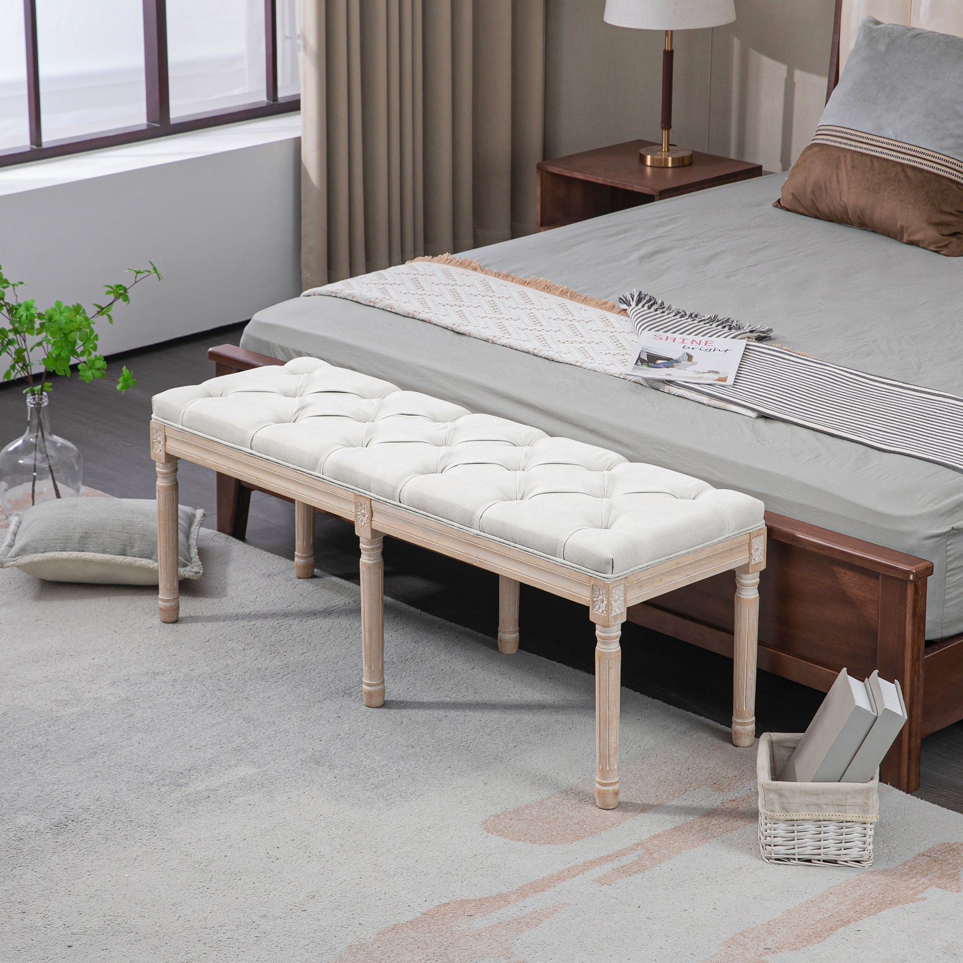 HOMCOM 46" Linen Upholstered Bedroom Bench, French End of Bed Bench with Thick Padded Cushion and Wooden Legs, Cream White