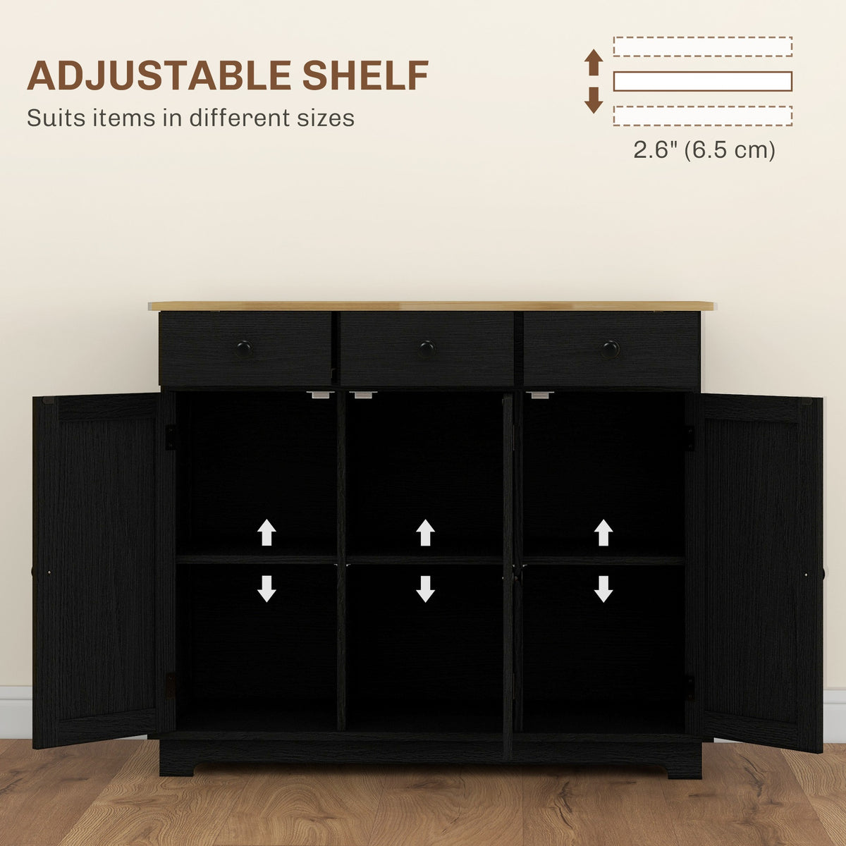 HOMCOM Kitchen Storage Cabinet, Sideboard Floor Cupboard with Solid Wood Top, Adjustable Shelf, and 3 Drawers, Black Wood Grain