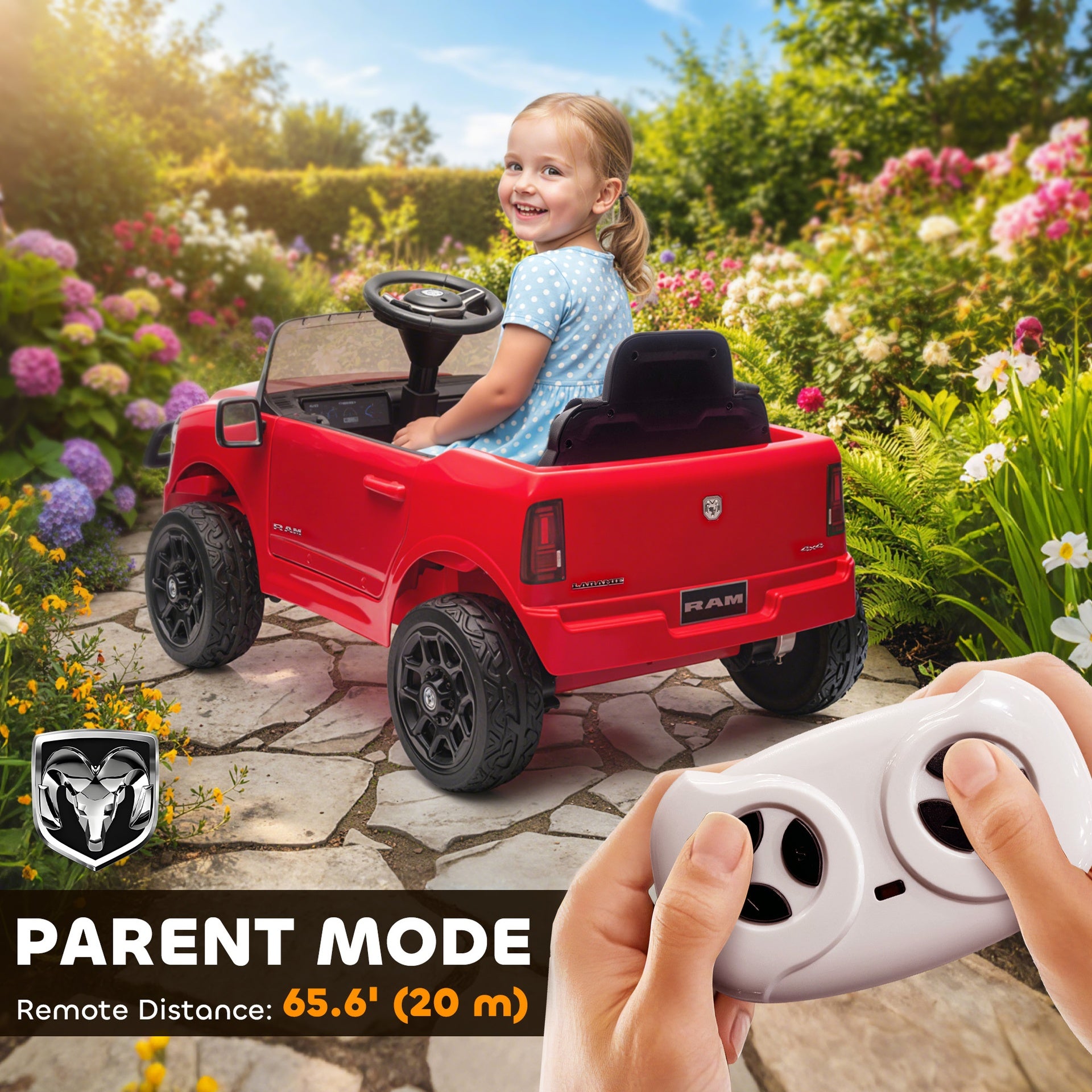 Qaba 12V Kids Ride on Car, Licensed Dodge RAM 3500 Ride on Toys with Dual Motors, Remote Control for Toddlers, Red