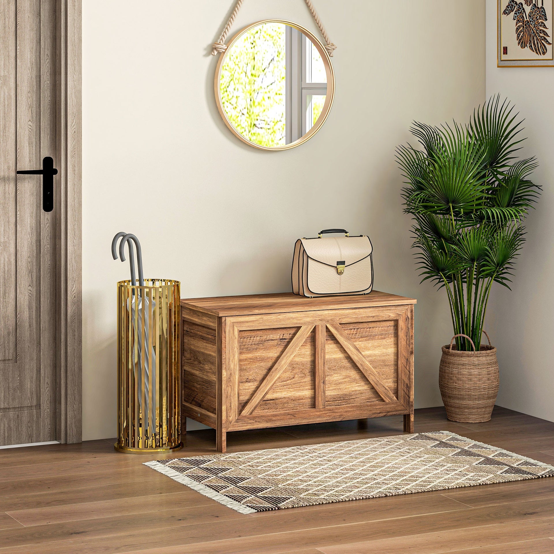 HOMCOM Storage Chest, Farmhouse Lift Top Box Organizer with Safety Hinge, for Bedroom, Entryway, Living Room, Brown Oak