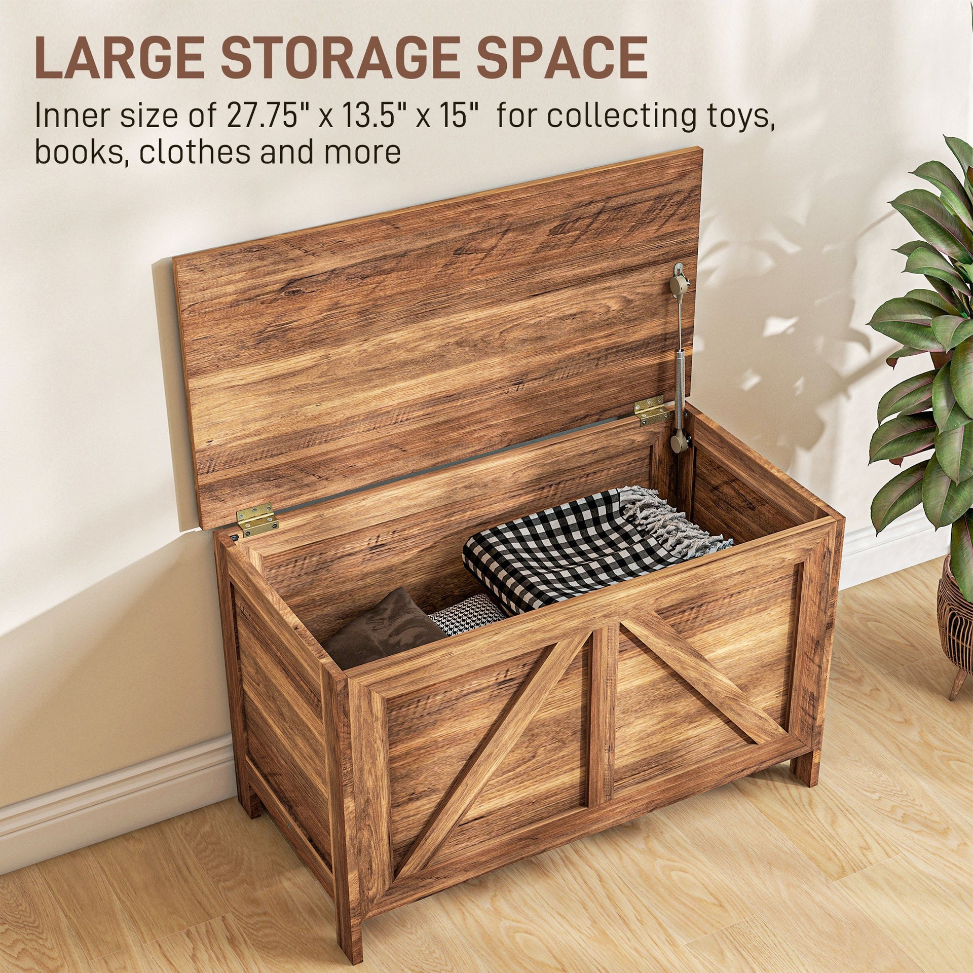 HOMCOM Storage Chest, Farmhouse Lift Top Box Organizer with Safety Hinge, for Bedroom, Entryway, Living Room, Brown Oak
