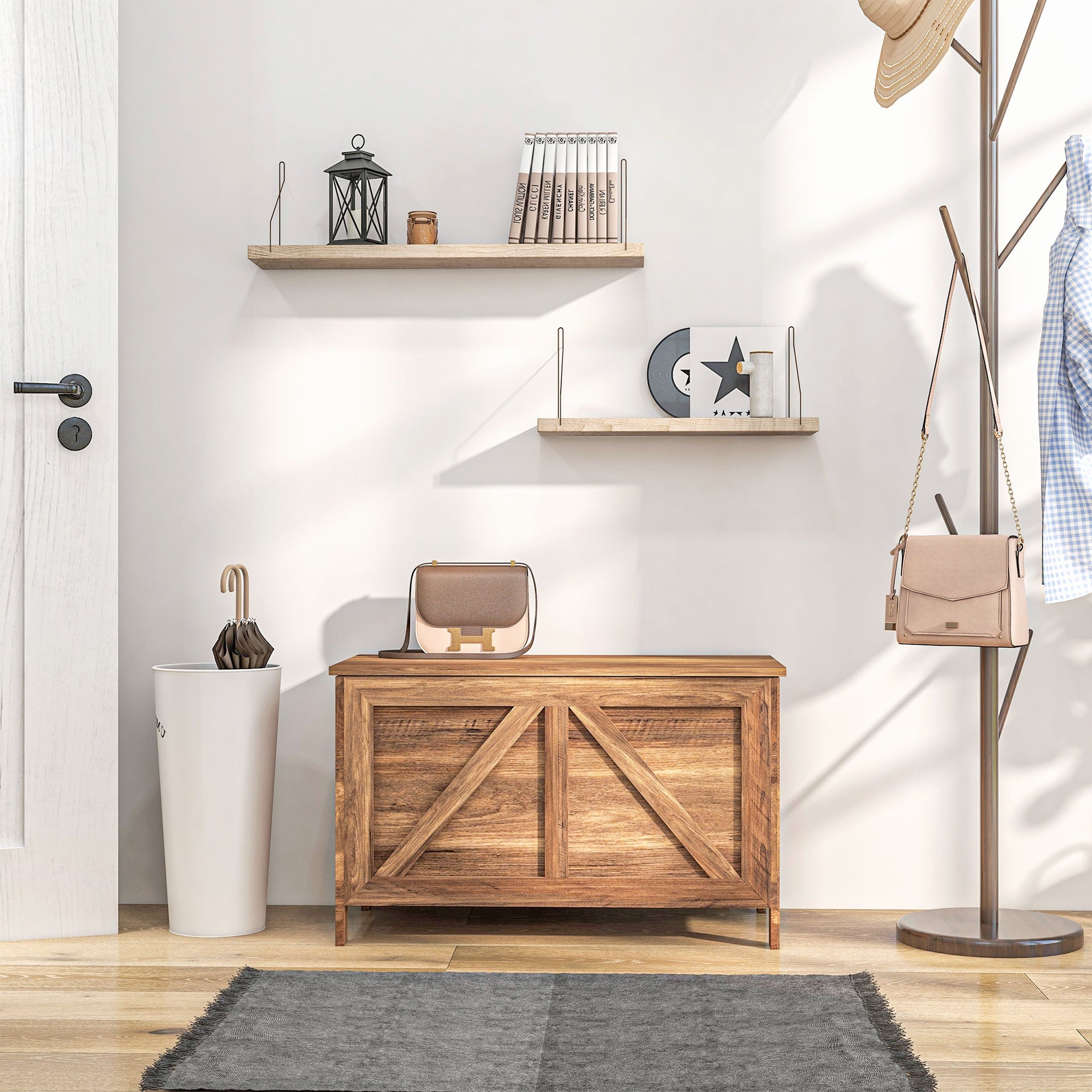 HOMCOM Storage Chest, Farmhouse Lift Top Box Organizer with Safety Hinge, for Bedroom, Entryway, Living Room, Brown Oak