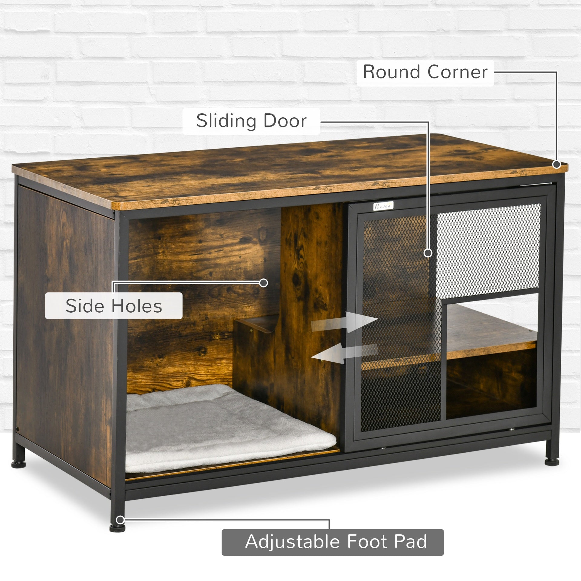 PawHut Wooden Cat Crate, Furniture Style Dog Cage, Puppy Kennel Indoor, End Table Pet House with Cushion and Sliding Doors, Rustic Brown