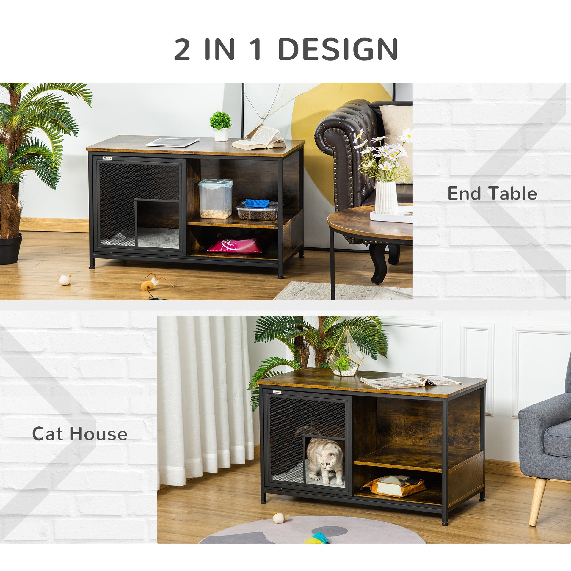 PawHut Wooden Cat Crate, Furniture Style Dog Cage, Puppy Kennel Indoor, End Table Pet House with Cushion and Sliding Doors, Rustic Brown