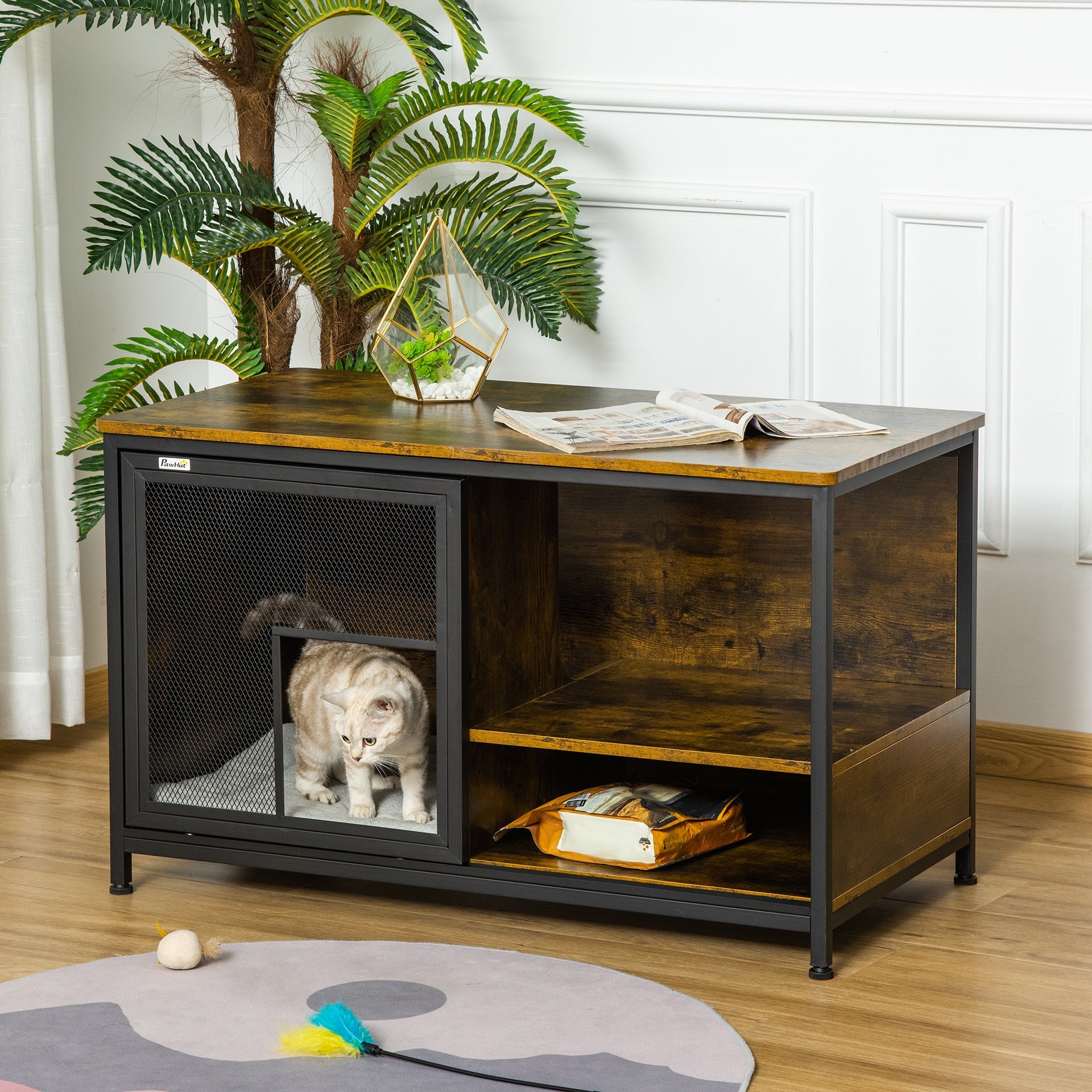 PawHut Wooden Cat Crate, Furniture Style Dog Cage, Puppy Kennel Indoor, End Table Pet House with Cushion and Sliding Doors, Rustic Brown