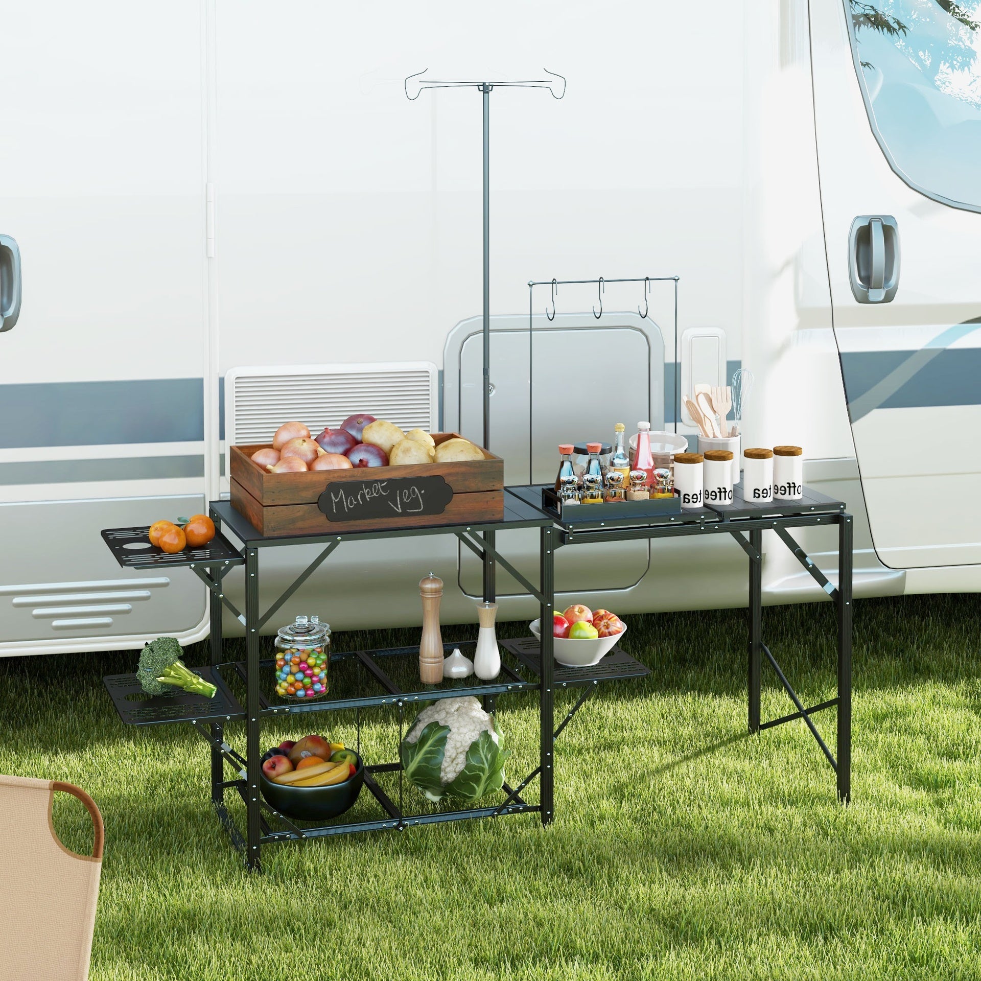Outsunny Folding Camp Kitchen, Camping Table Cooking Station with Adjustable Lamp Stand