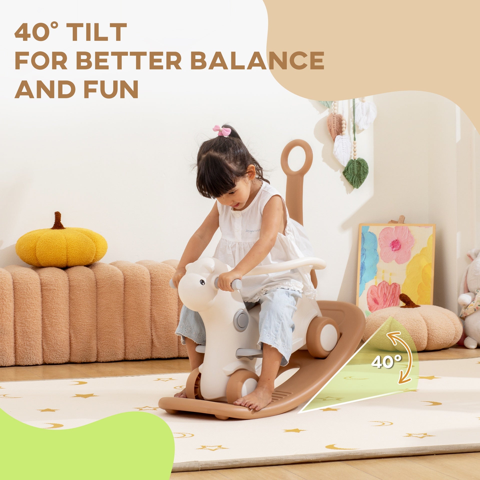 Qaba Rocking Horse for Toddlers 1-3 Years, 4-in-1 Baby Rocking Horse with Detachable Balance Board and Push Handle, Brown