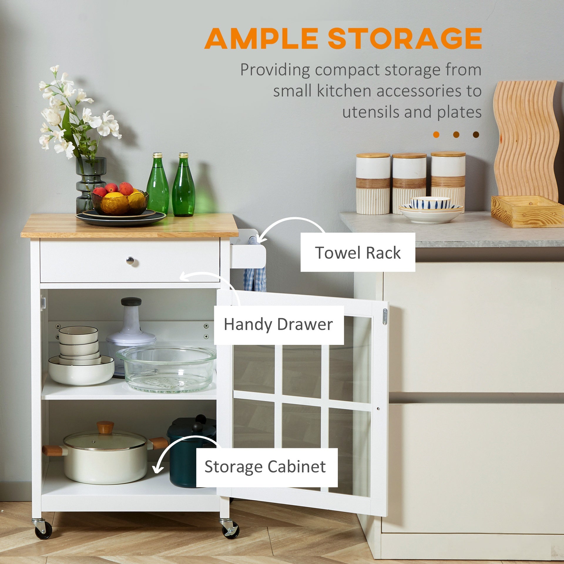 HOMCOM 27" Rolling Kitchen Island Cart with Drawer and Glass Door Cabinet, Kitchen Trolley with Adjustable Shelf and Towel Rack, White