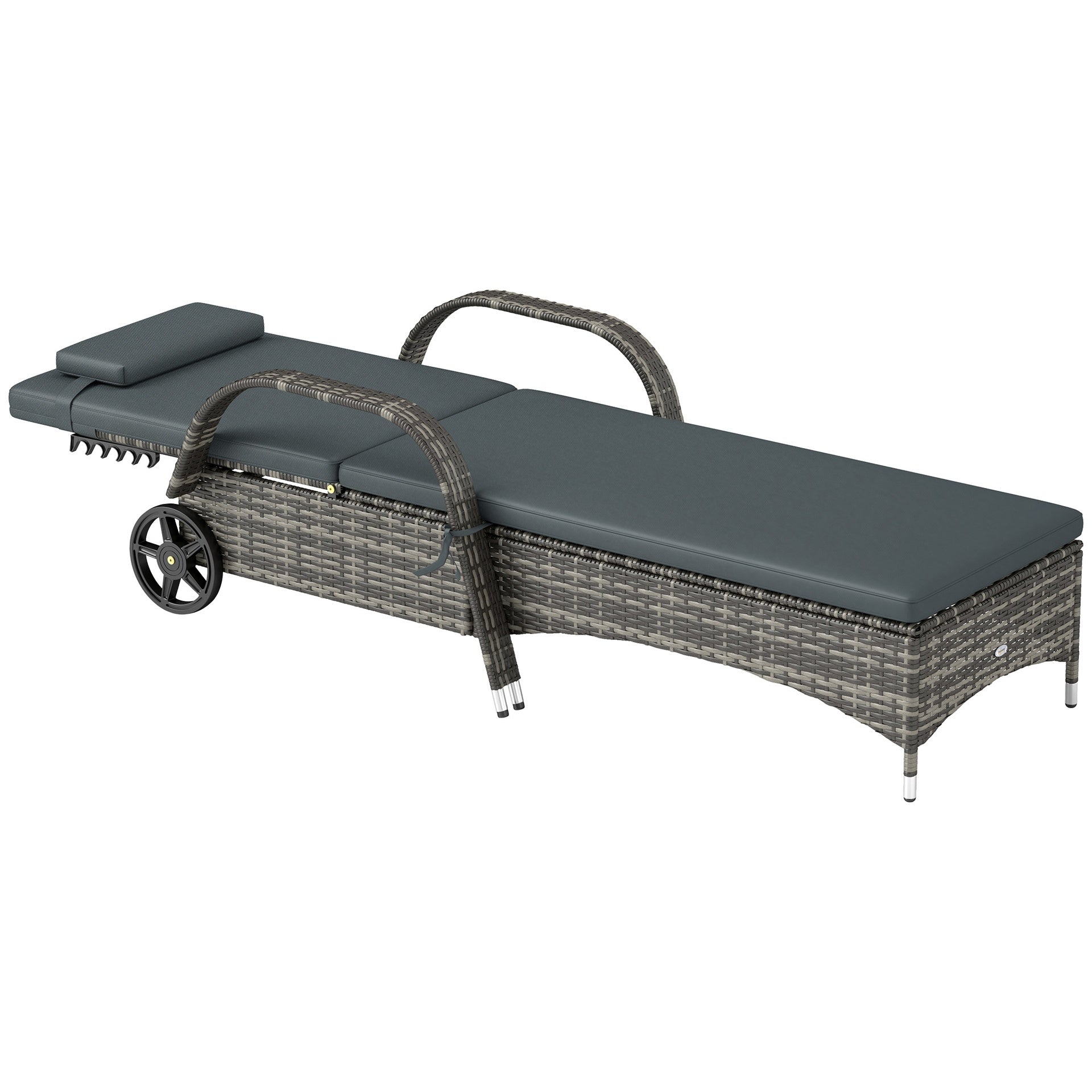 Outsunny Outdoor Chaise Lounge, 5-Level Adjustable Backrest Rattan Pool Lounge Chair with Wheels, Cushion & Headrest, Black