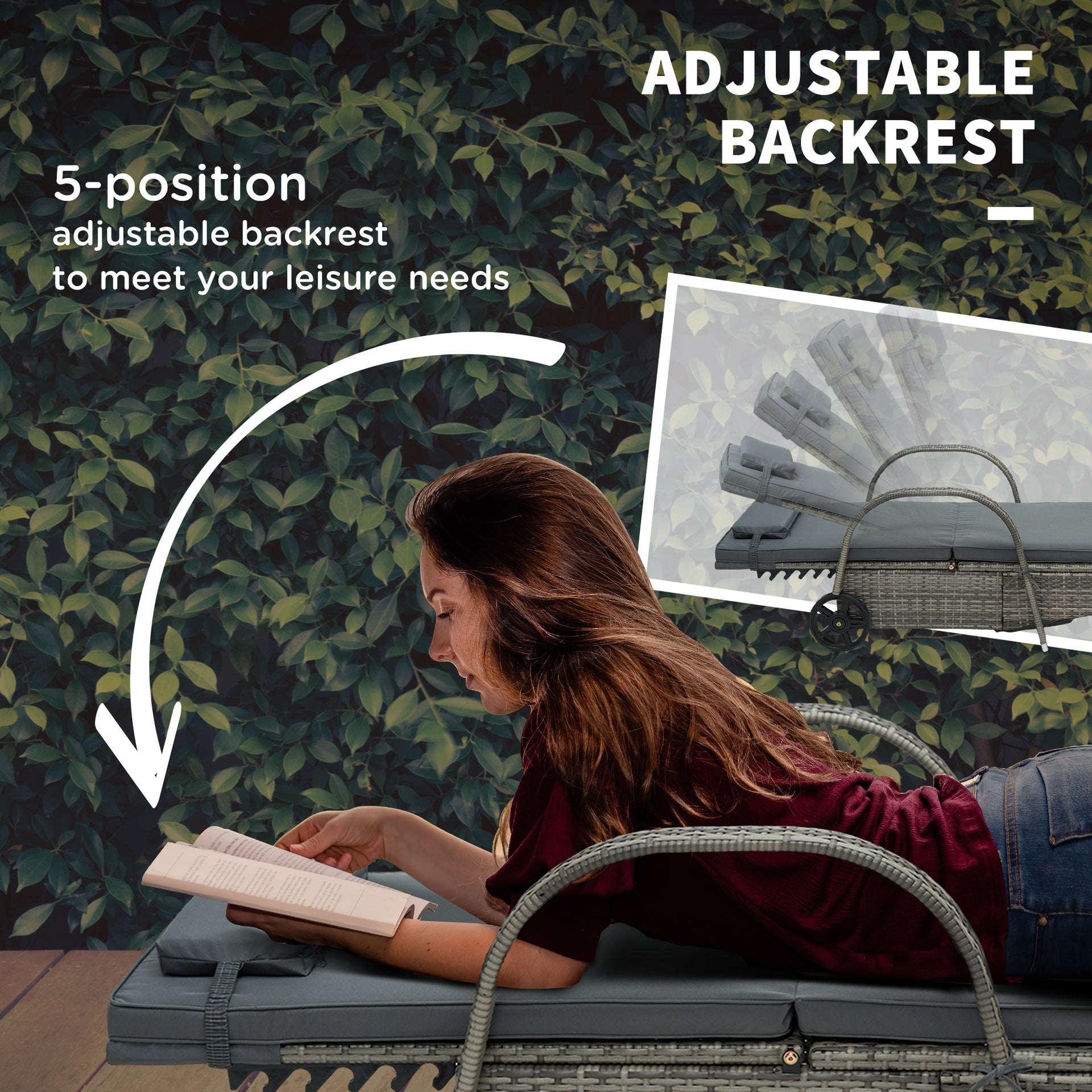Outsunny Outdoor Chaise Lounge, 5-Level Adjustable Backrest Rattan Pool Lounge Chair with Wheels, Cushion & Headrest, Black