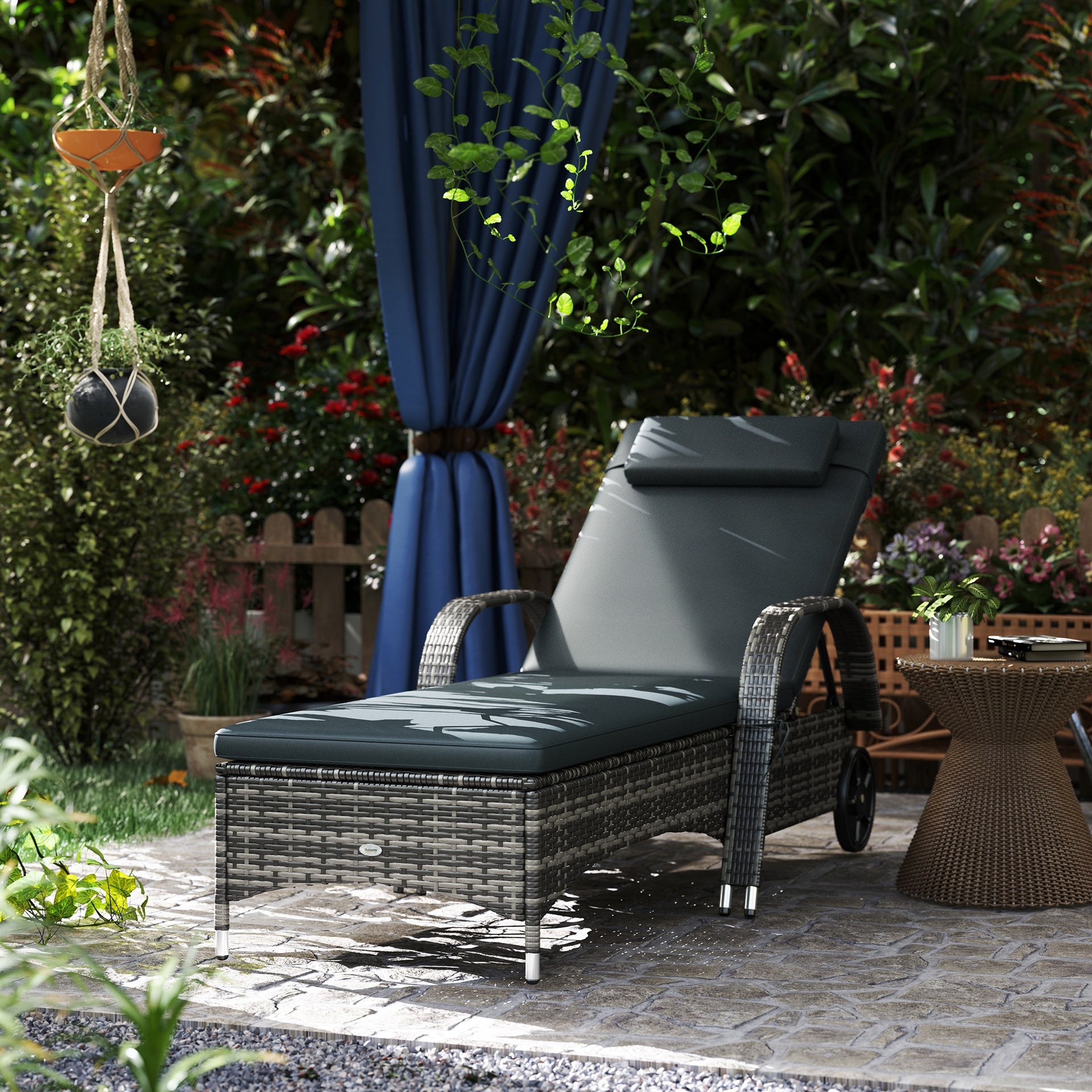 Outsunny Outdoor Chaise Lounge, 5-Level Adjustable Backrest Rattan Pool Lounge Chair with Wheels, Cushion & Headrest, Black