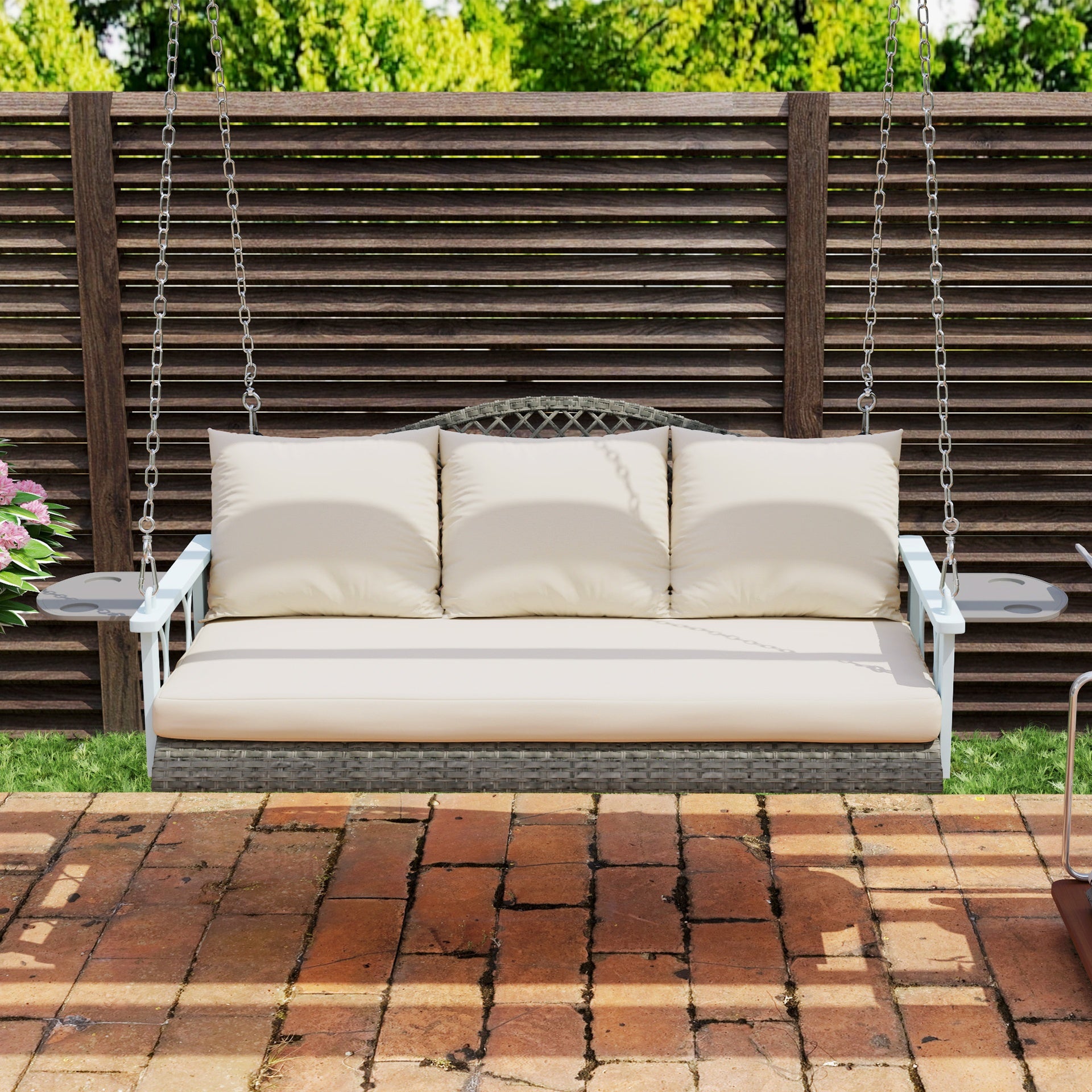 Outsunny 3 Person Wicker Hanging Outdoor Patio Porch Swing Bench with Cup Holders, Cushions, and Chains, Natural