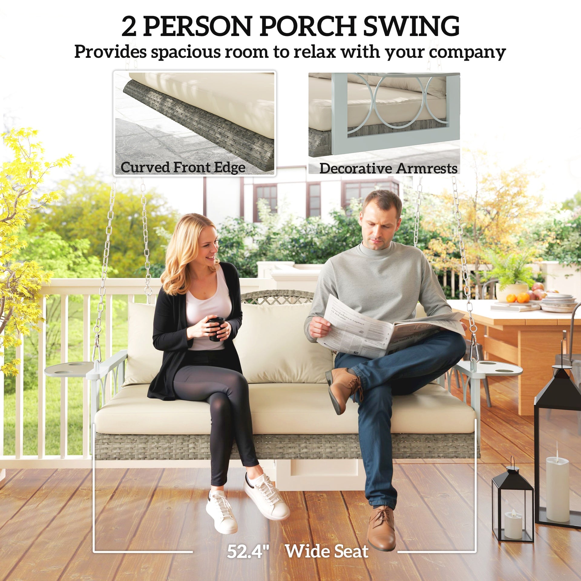 Outsunny 3 Person Wicker Hanging Outdoor Patio Porch Swing Bench with Cup Holders, Cushions, and Chains, Natural