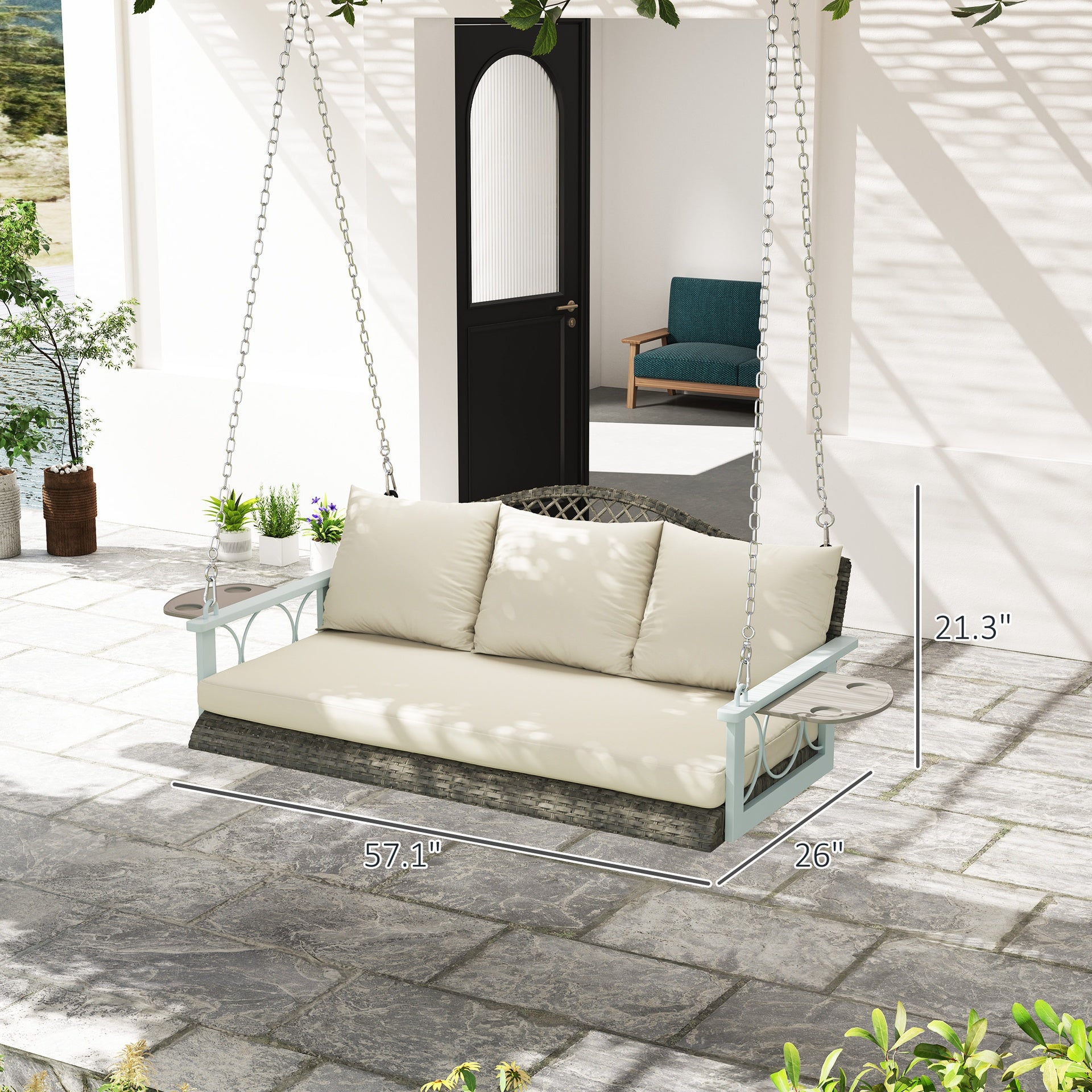 Outsunny 3 Person Wicker Hanging Outdoor Patio Porch Swing Bench with Cup Holders, Cushions, and Chains, Natural