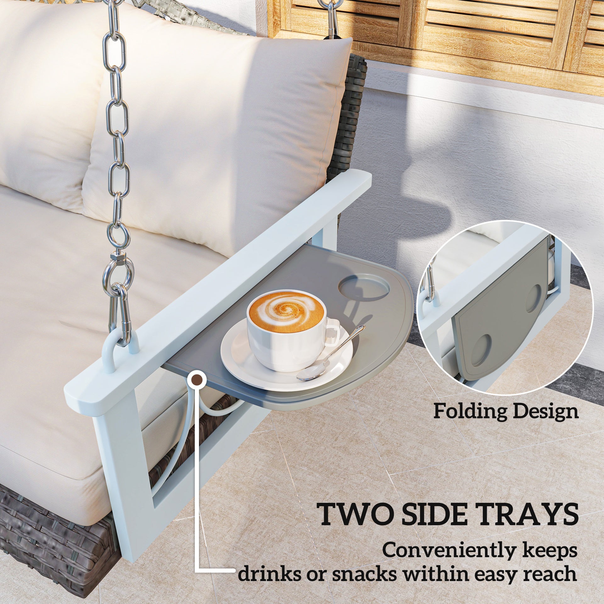 Outsunny 3 Person Wicker Hanging Outdoor Patio Porch Swing Bench with Cup Holders, Cushions, and Chains, Natural