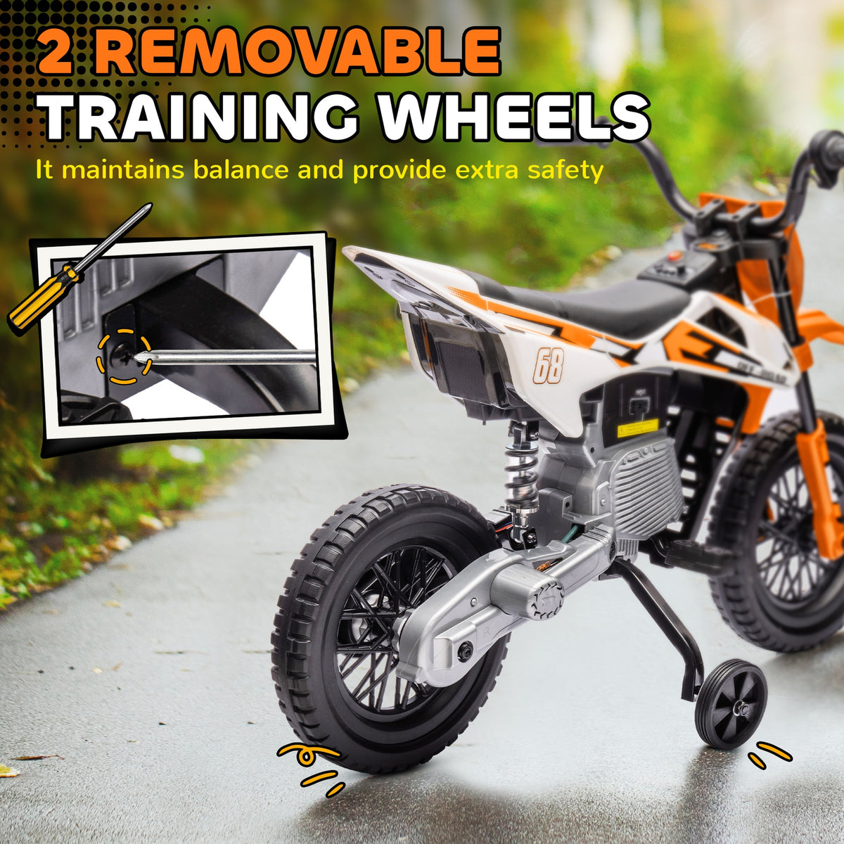 Qaba 12V Kids Electric Motorcycle w/ Twist Grip Throttle, Training Wheels, Rear Suspension & Music, Orange
