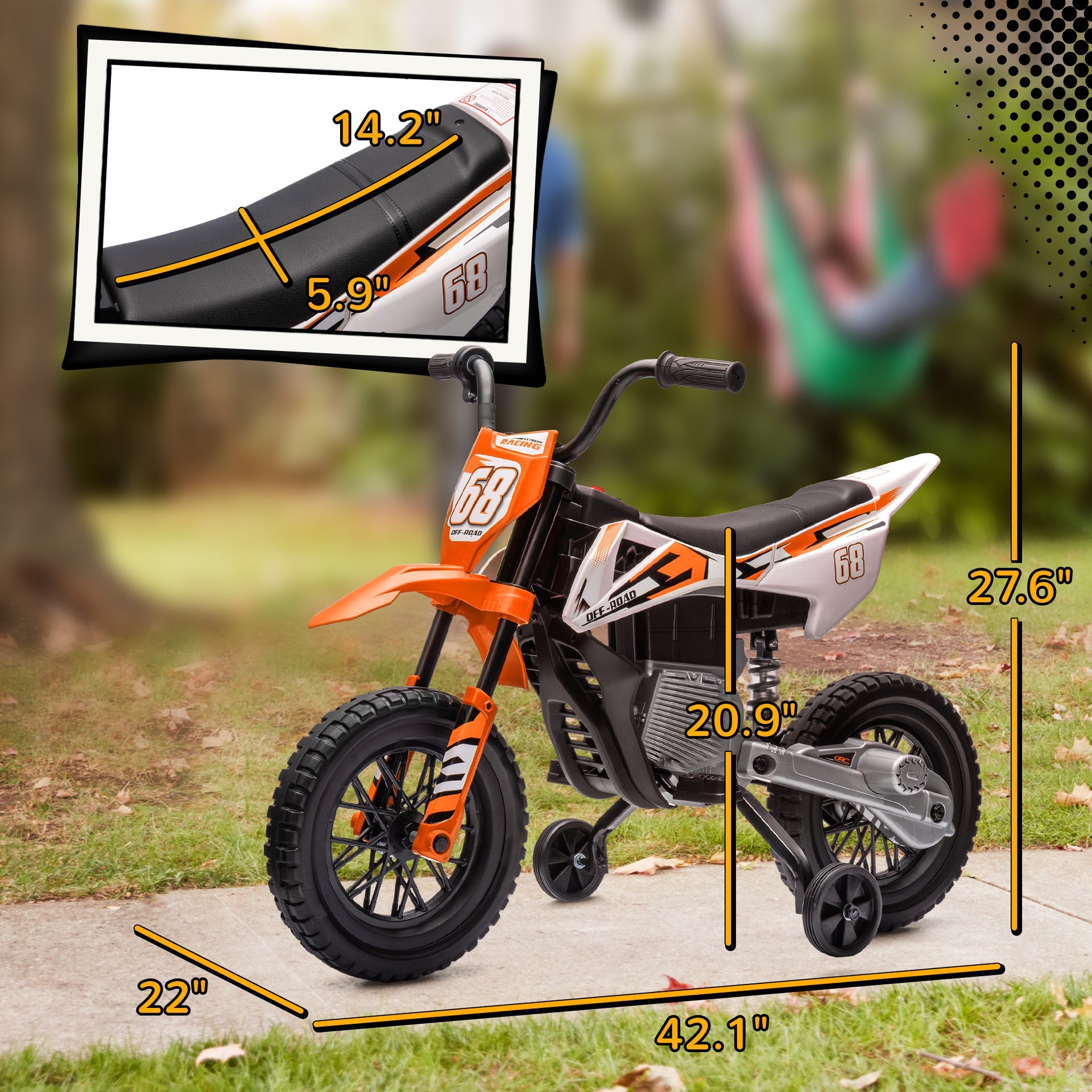 Qaba 12V Kids Electric Motorcycle w/ Twist Grip Throttle, Training Wheels, Rear Suspension & Music, Orange
