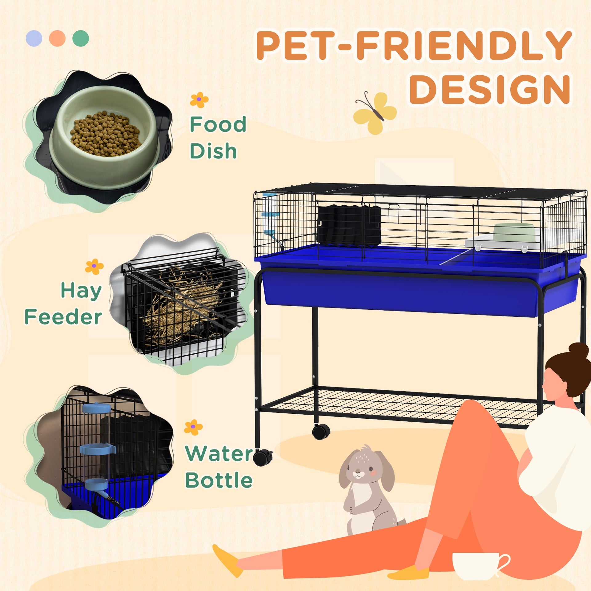 PawHut Two-Story Small Animal Cage Removable from Stand, Pet Habitat with Shelf & Wheels, 39" x 20.5" x 36.5", Blue