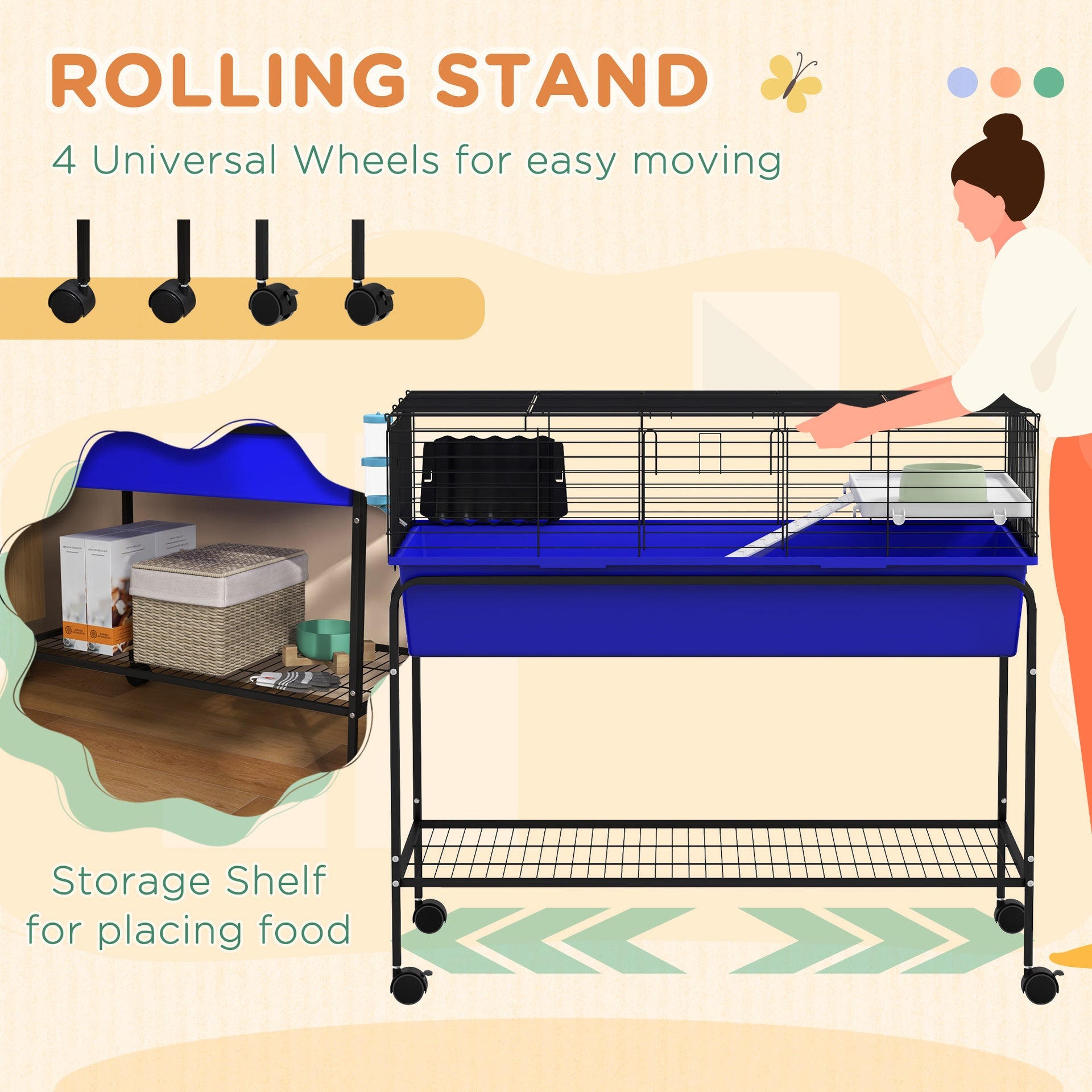 PawHut Two-Story Small Animal Cage Removable from Stand, Pet Habitat with Shelf & Wheels, 39" x 20.5" x 36.5", Blue