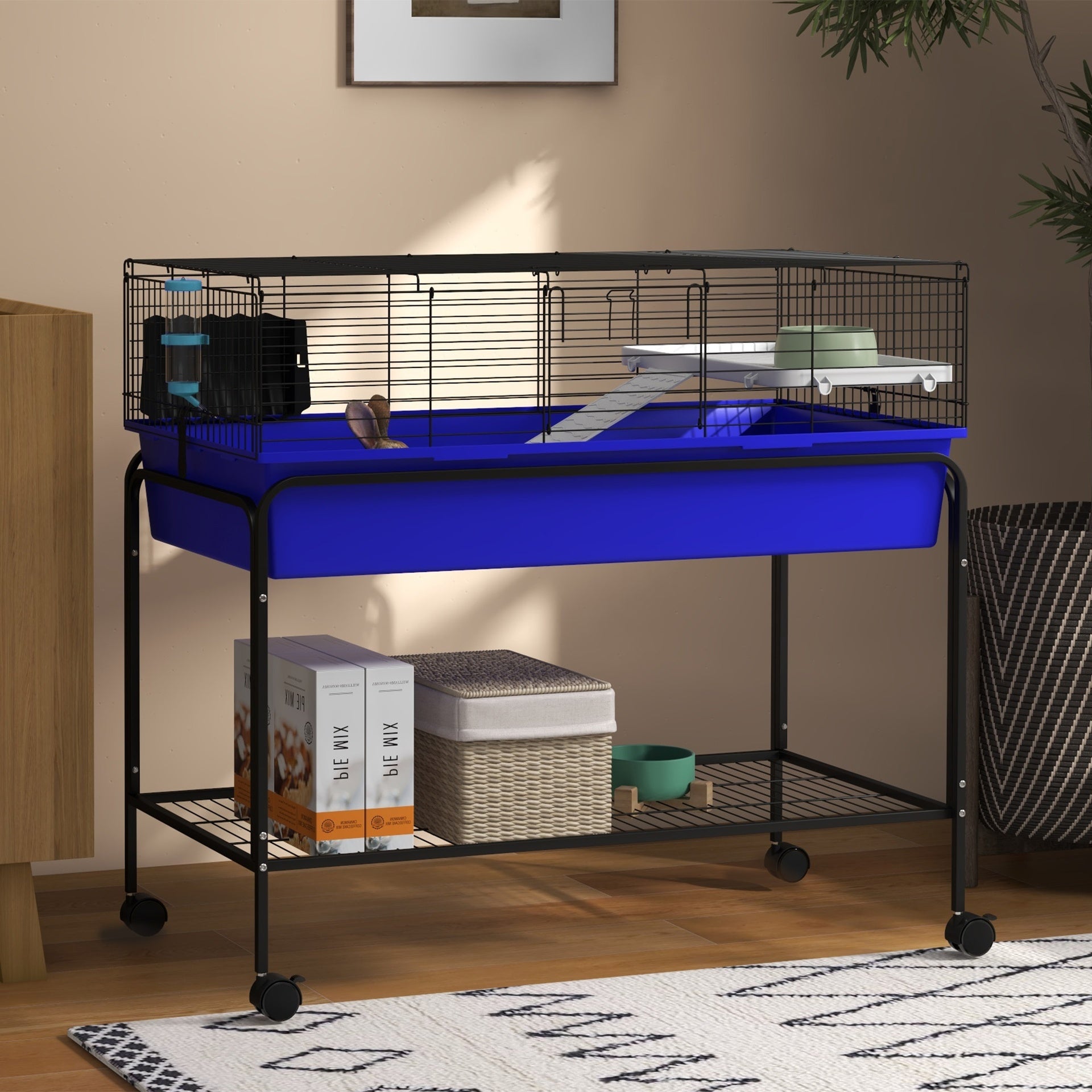 PawHut Two-Story Small Animal Cage Removable from Stand, Pet Habitat with Shelf & Wheels, 39" x 20.5" x 36.5", Blue