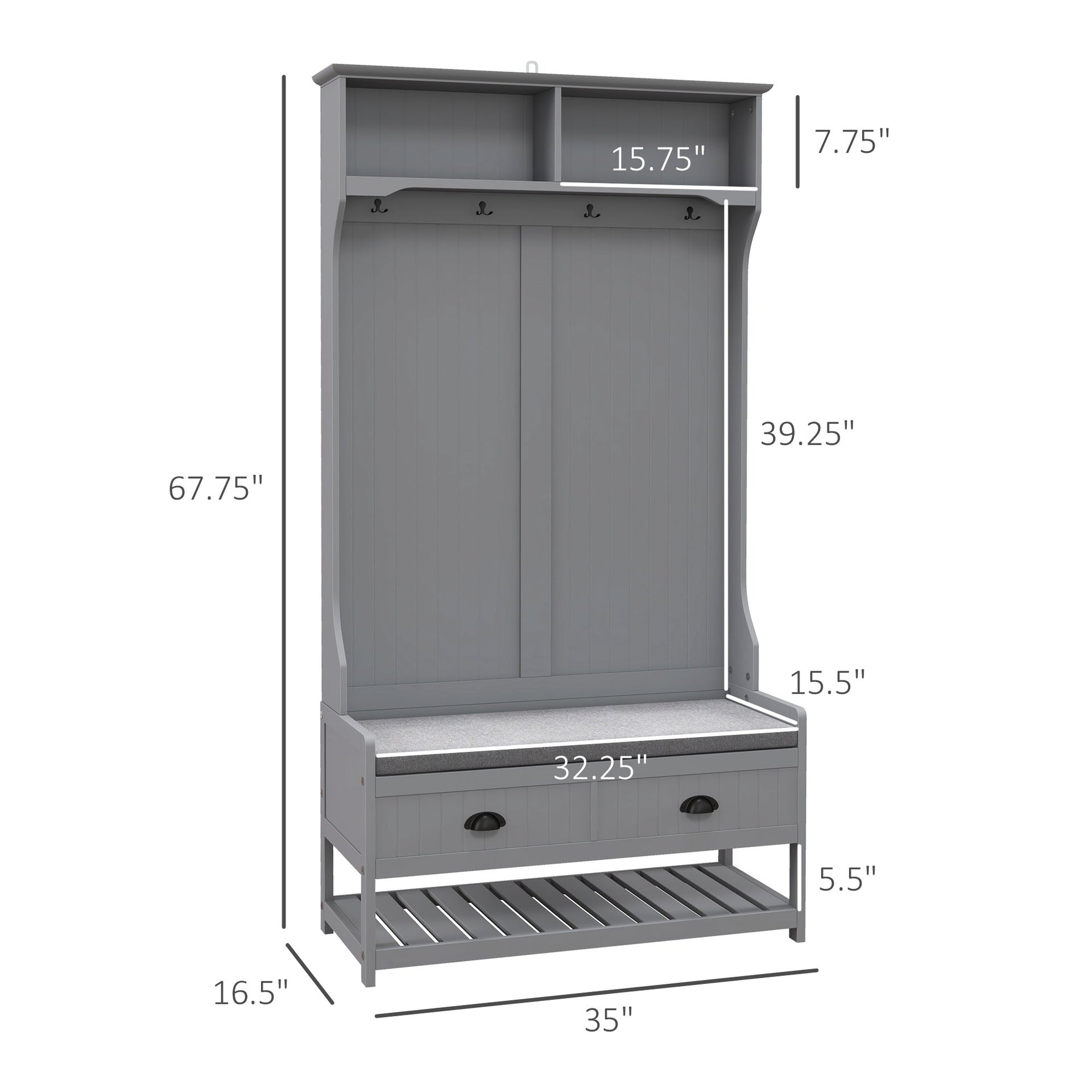 HOMCOM 3-in-1 Hall Tree, Entryway Bench with Coat Rack, Mudroom Bench with Shoe Rack, 2 Storage Drawers, 4 Hooks and Padded Seat Cushions for Hallway, Gray